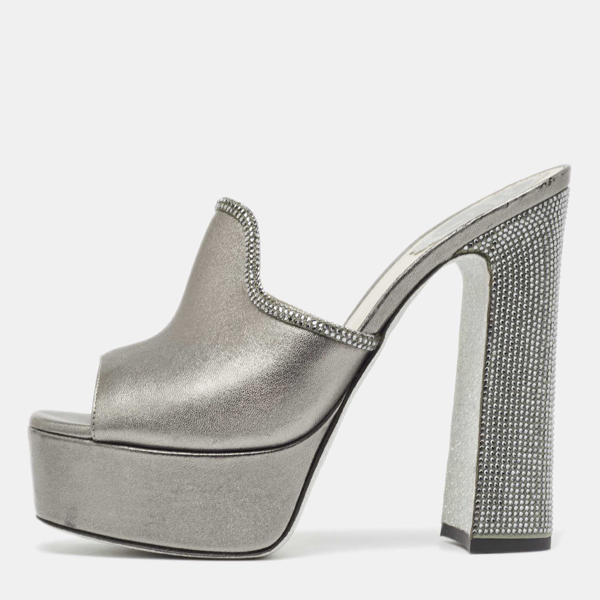 René Caovilla Metallic Leather Crystal Embellished Slide Sandals Size 39