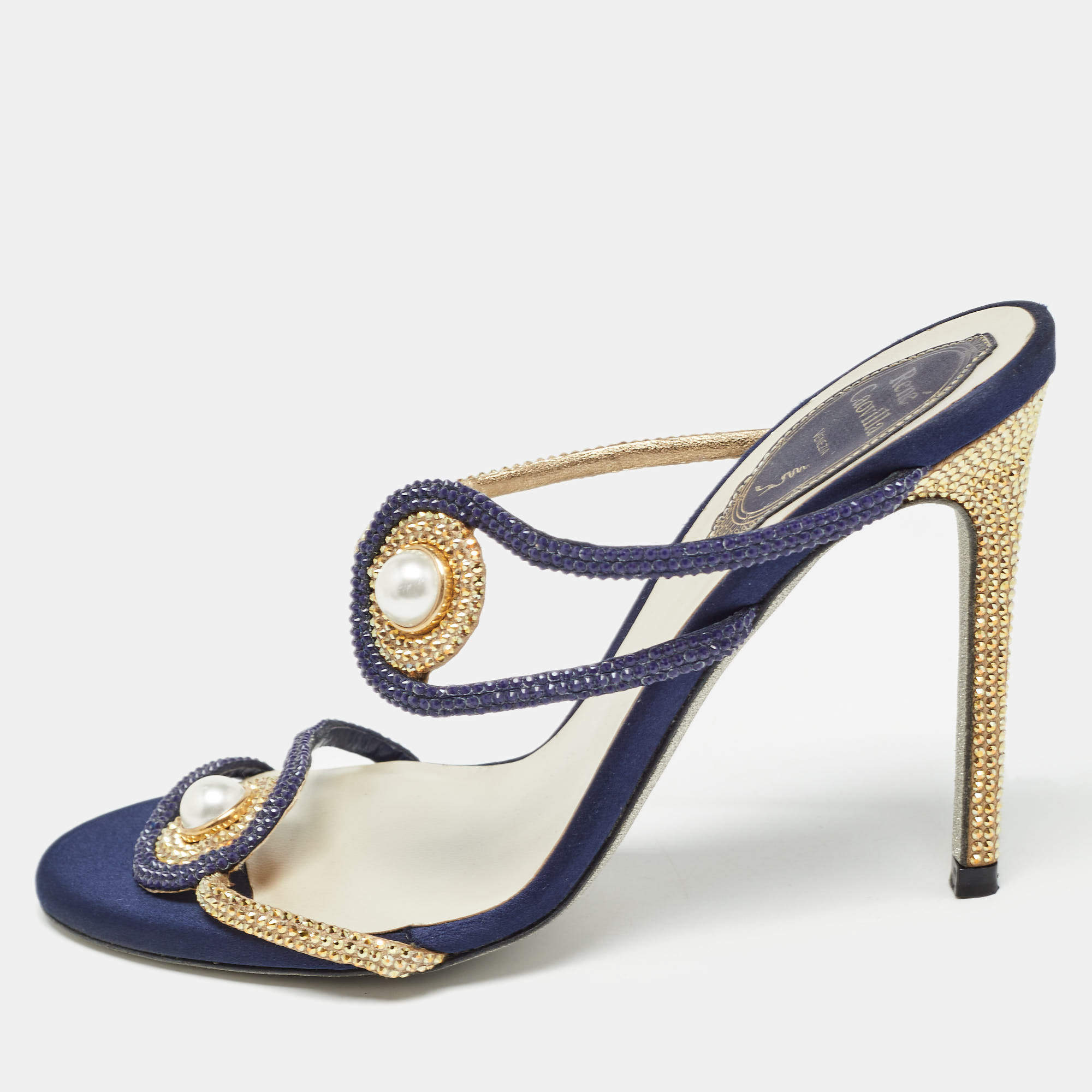 Pre Owned René Caovilla Blue/Gold Satin Crystals Embellished Slide Sandals Size 36