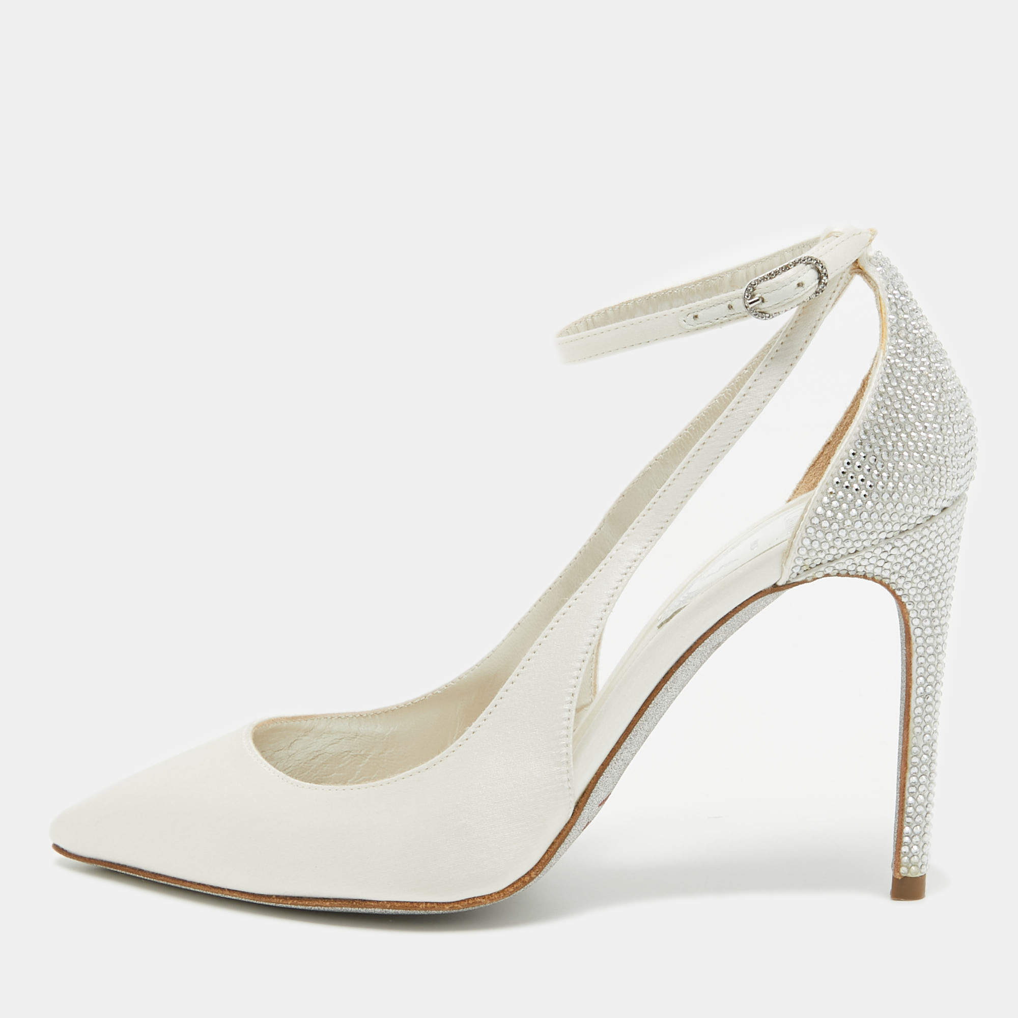Pre Owned René Caovilla White Satin Crystal Embellished Slingback Ankle Strap Pumps Size 34.5 