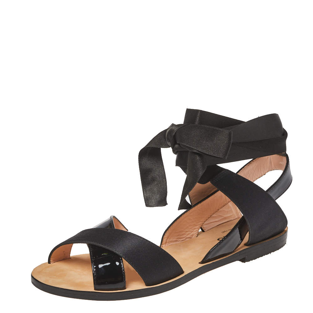 Pre Owned Repetto Black Patent Leather And Satin Leandre Ankle Wrap Flat Sandals Size 37