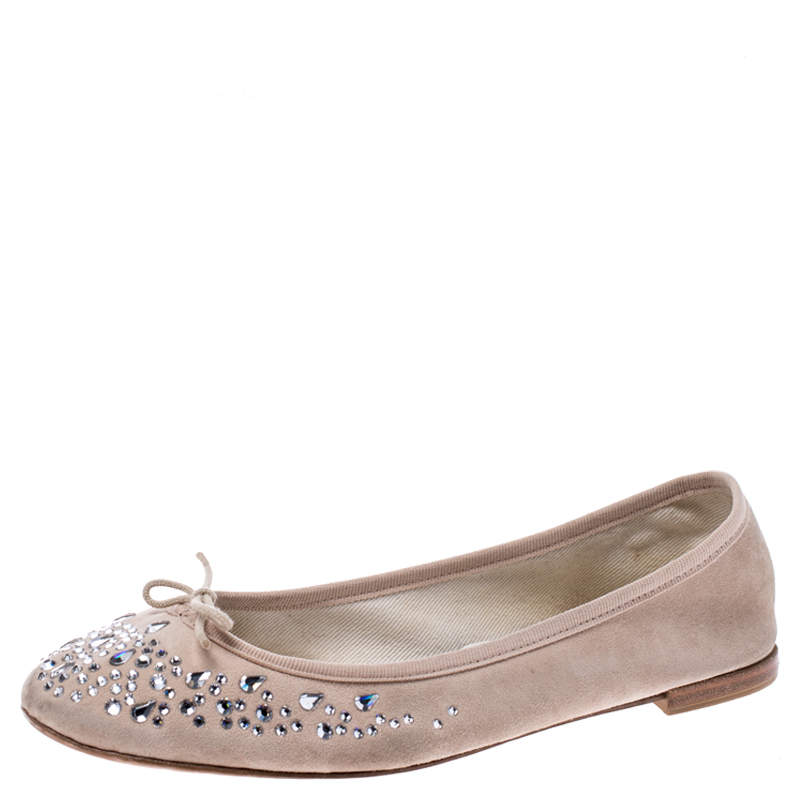 Repetto Beige Suede Crystal Embellished Ballet Flats Size 39