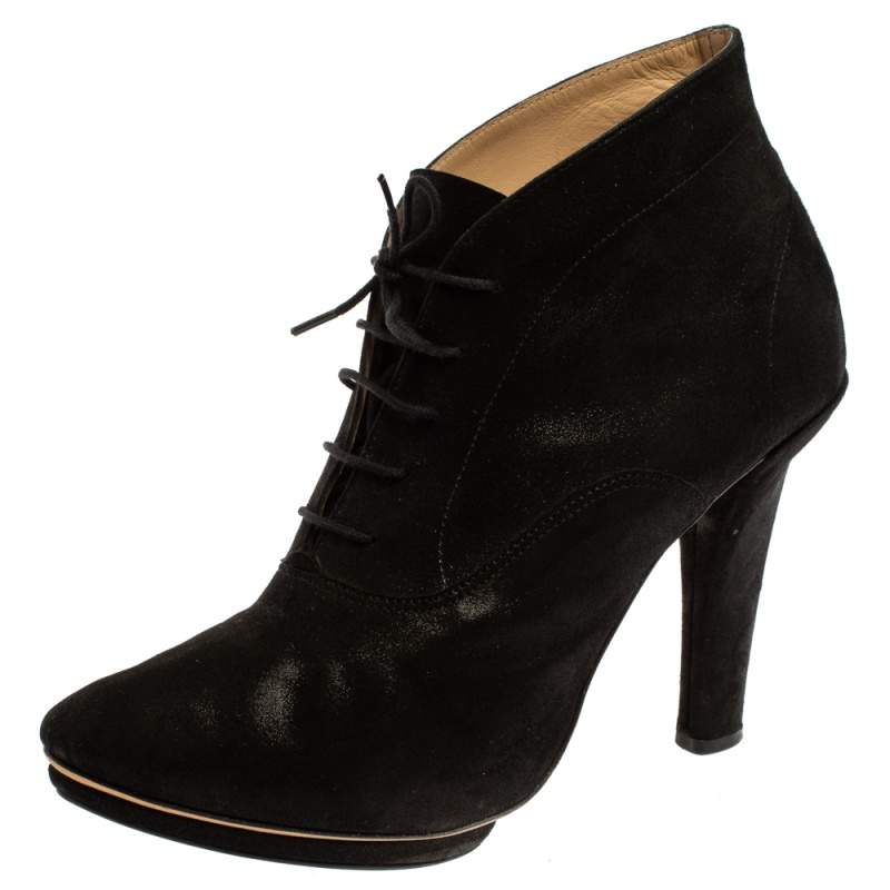 Pre Owned Repetto Black Metallic Suede Lace Ankle Booties Size 40