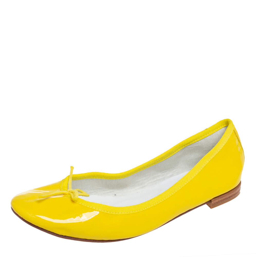 Pre Owned Repetto Yellow Patent Leather Bow Ballet Flats Size 38