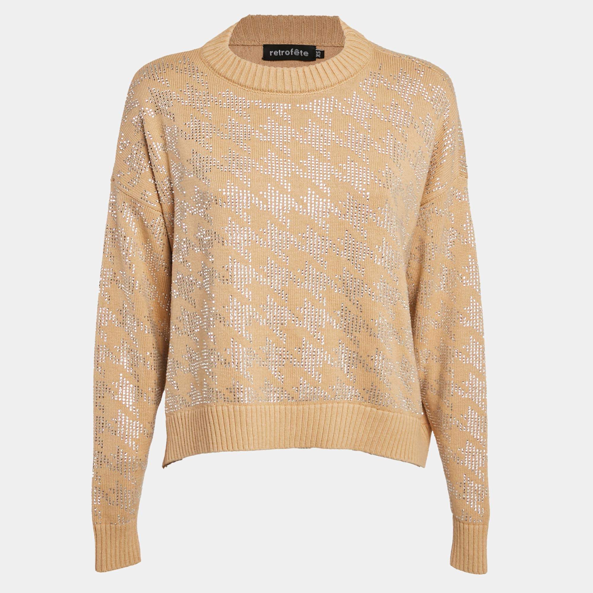 Retrofete Beige Rhinestone Embellished Rib Knit Mal Sweater XS
