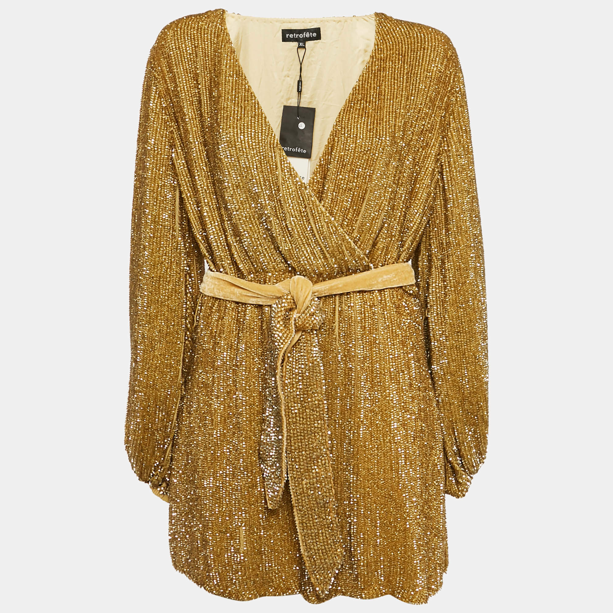Retrofete Gold Sequin Embellished Velvet Trim Chiffon Belted Tunic XL
