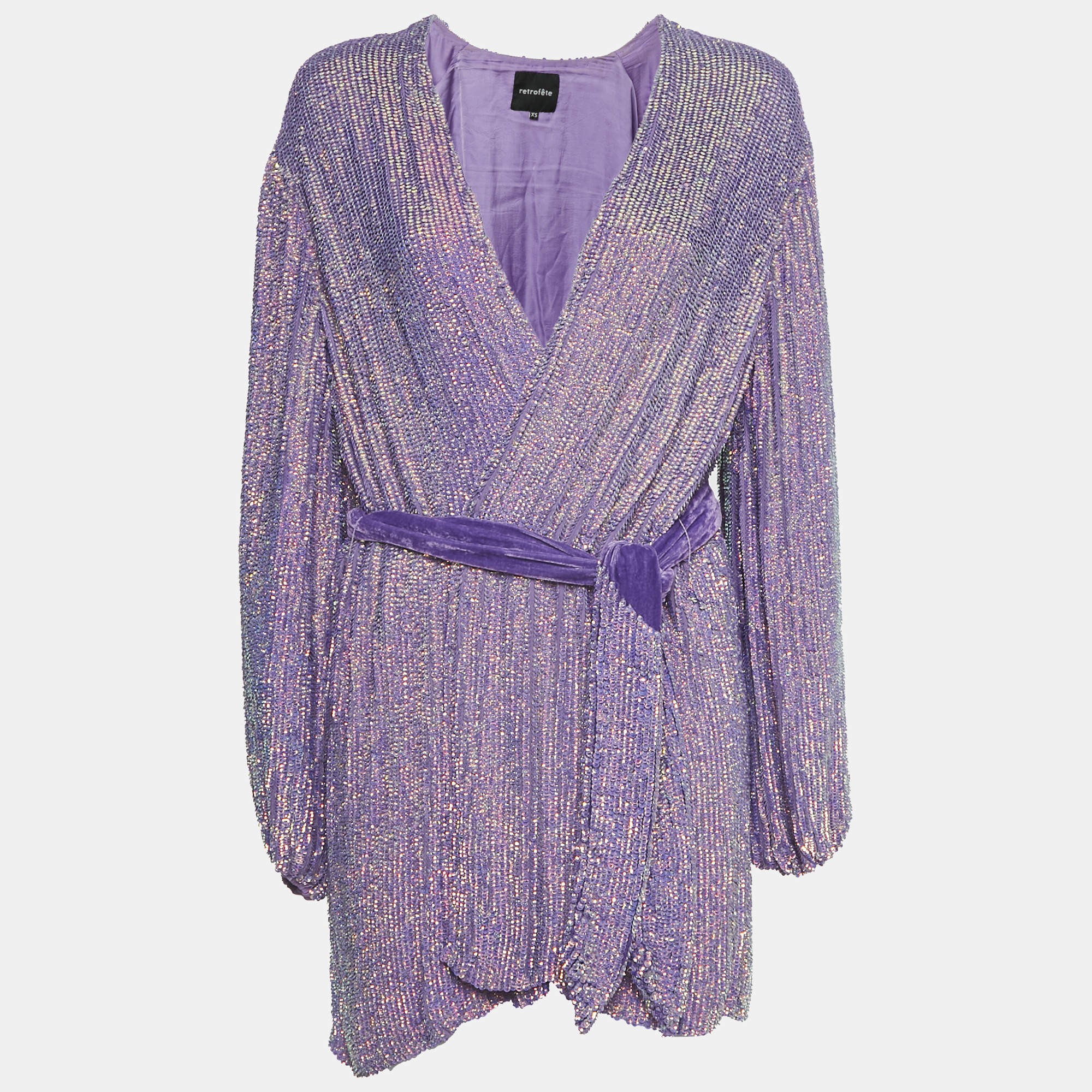 Retrofete Purple Sequin Belted Mini Wrap Dress XS