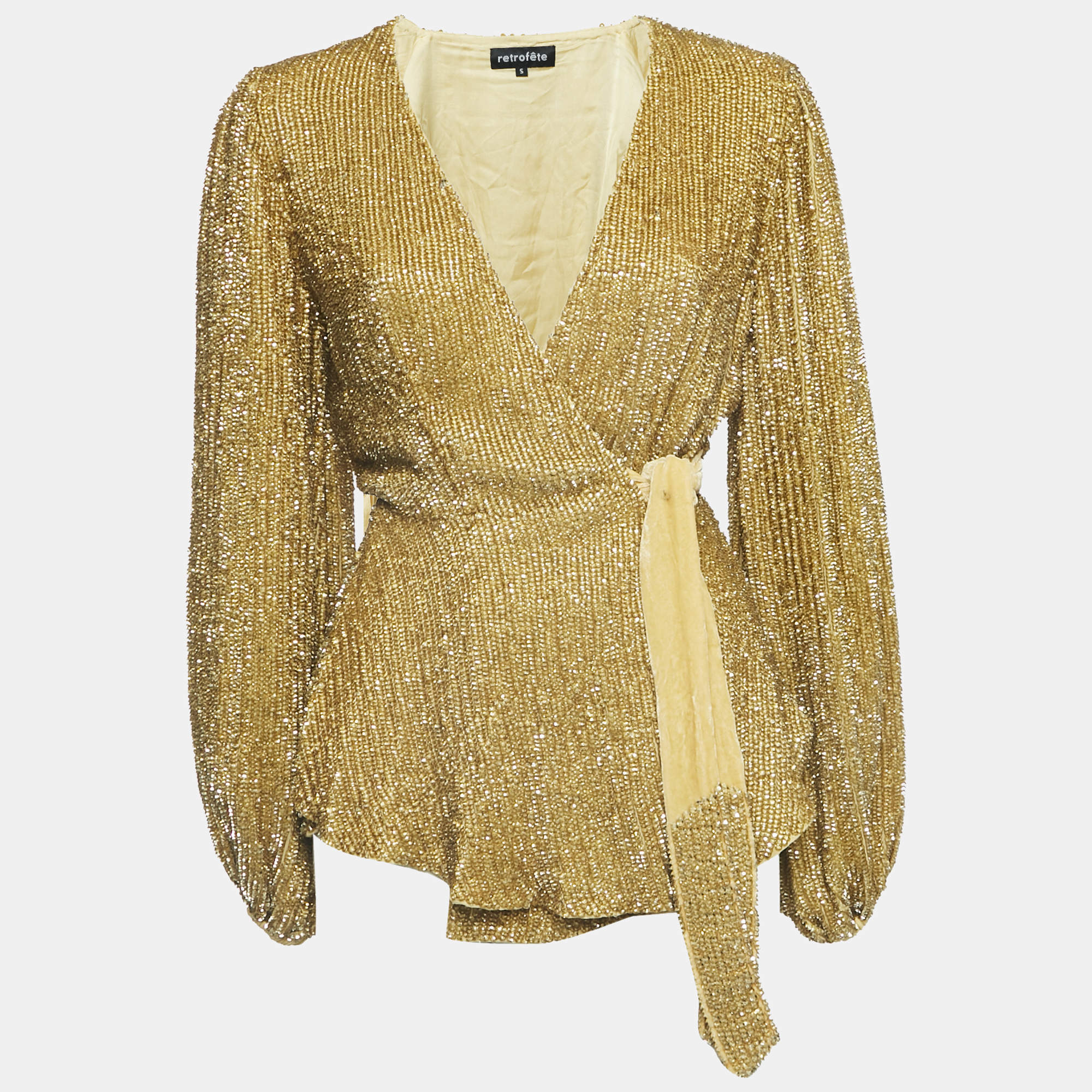 Retrofete Gold Sequin Velvet Trimmed Wrap Tunic S
