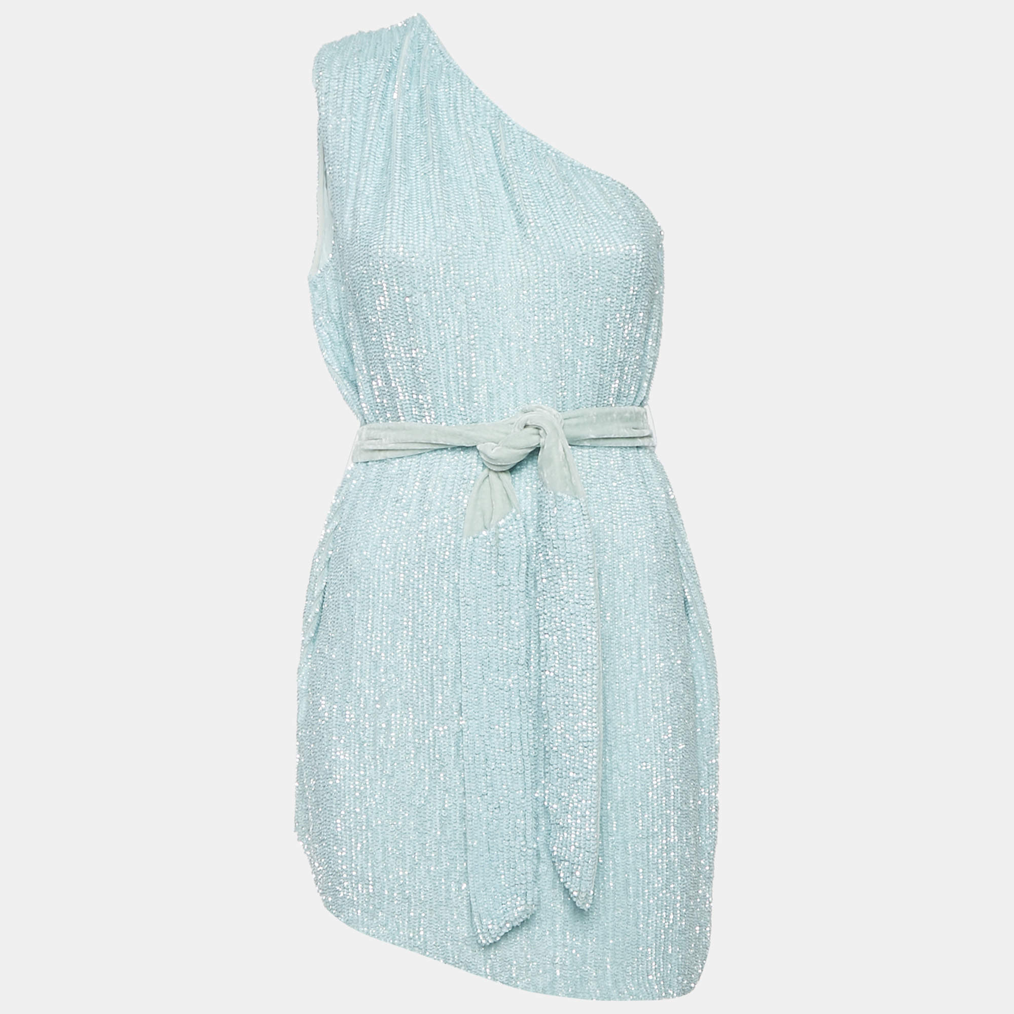 Retrofete Blue Velvet Trim Sequin One Shoulder Dress S