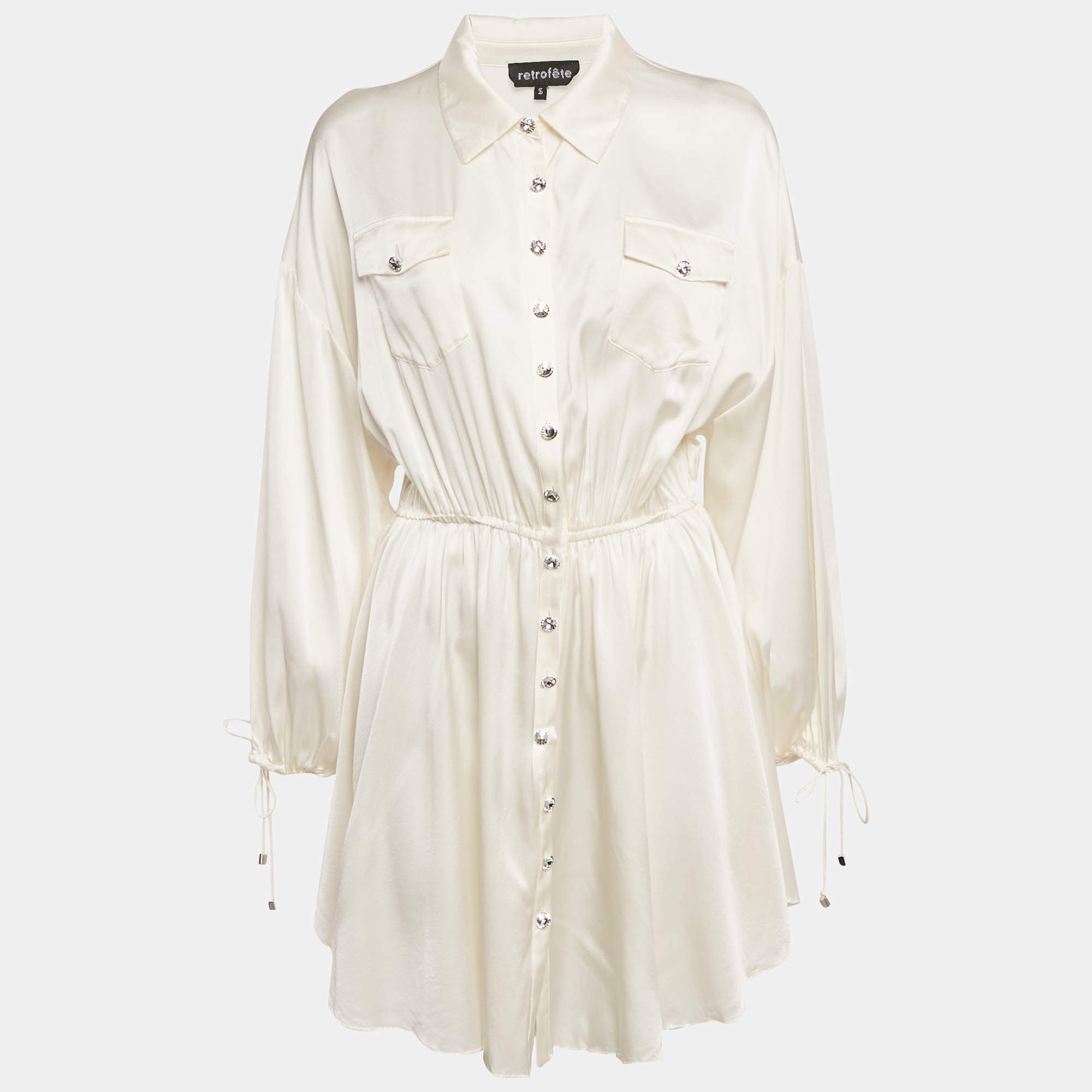 Retrofete Cream Satin Gathered Mini Dress S
