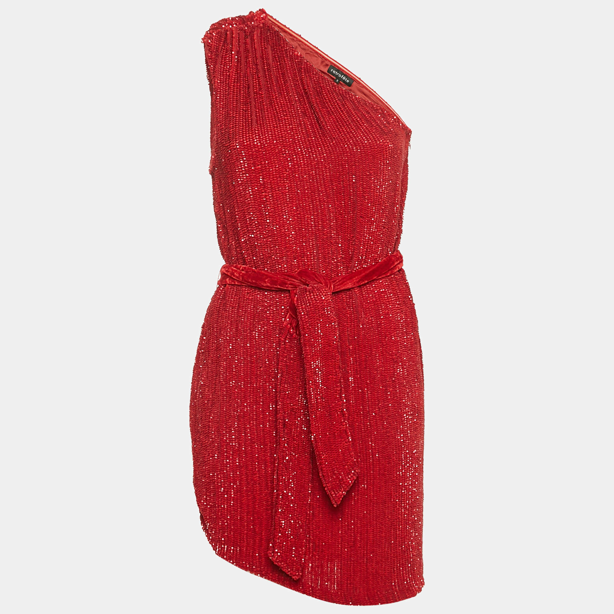 مملوكة مسبقًا فستان قصير بكتف واحد مرصع بحزام ترتر أحمر غامق ريتروفيتي مقاس صغير