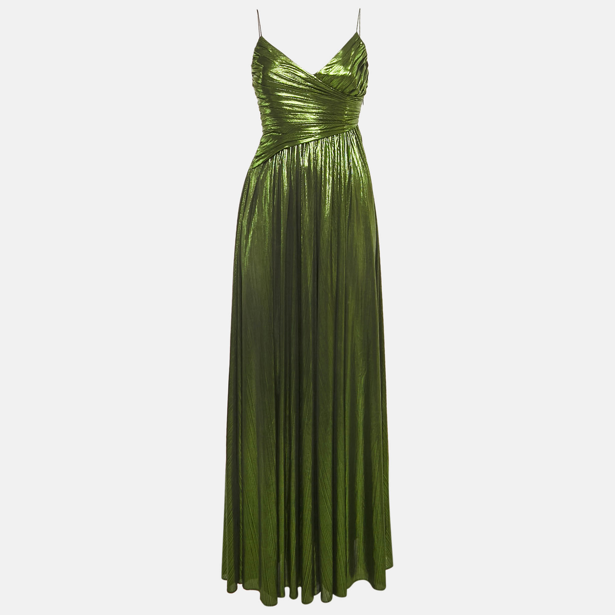مملوكة مسبقًا Retrofête Metallic Green Lamé V-Neck Draped Doss Maxi Dress XS