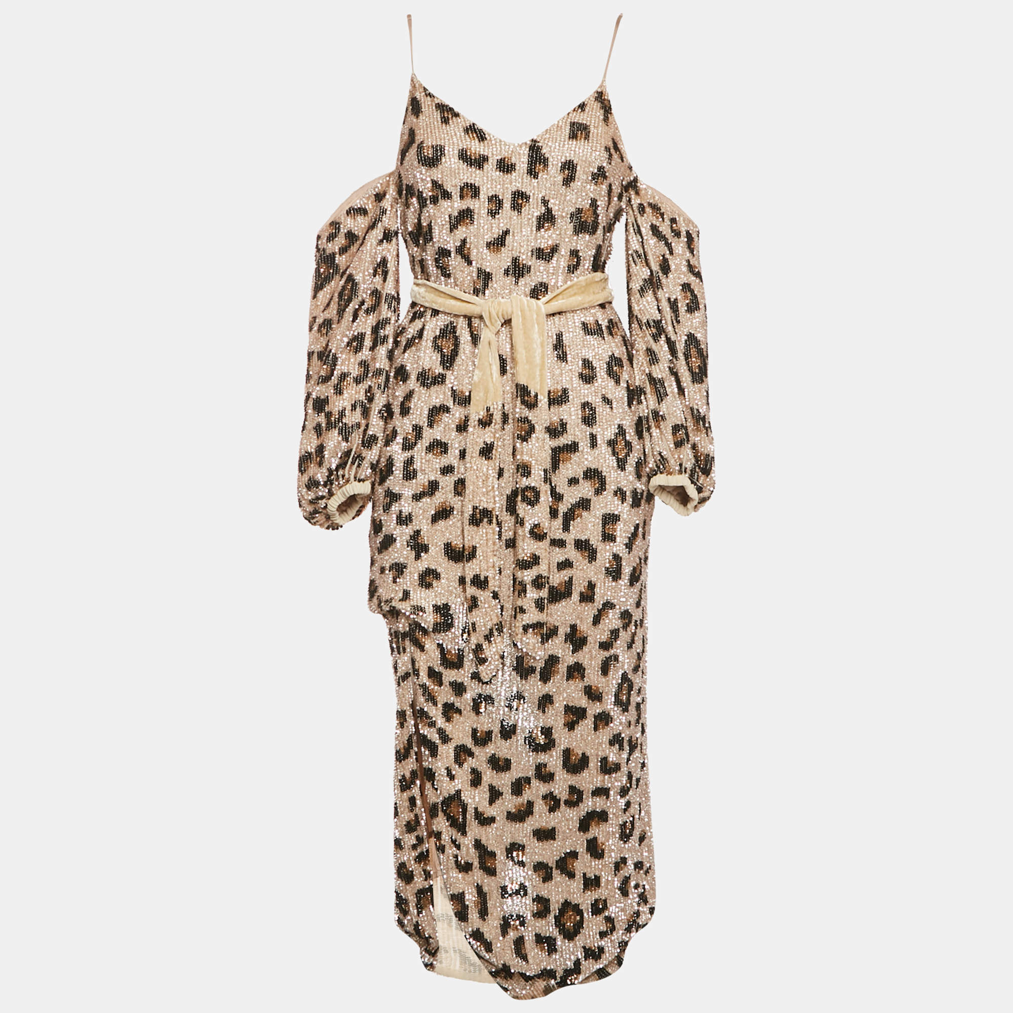 مملوكة مسبقًا Retrofete Beige Leopard Print Sequin Belted Midi Dress XS