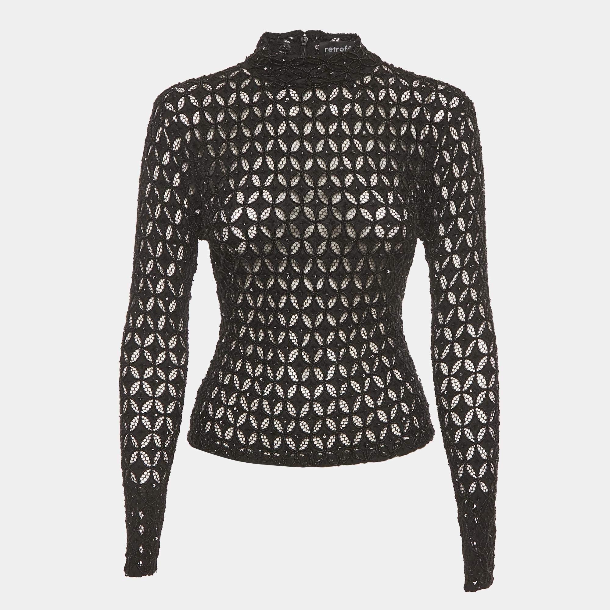 Pre Owned Retrofete Black Beaded Mesh High Neck Top XS