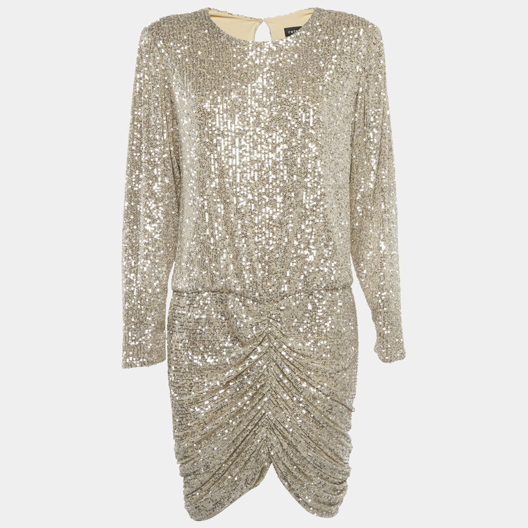مملوكة مسبقًا Retrofete Silver Sequin Jersey Flynn Ruched Mini Dress L