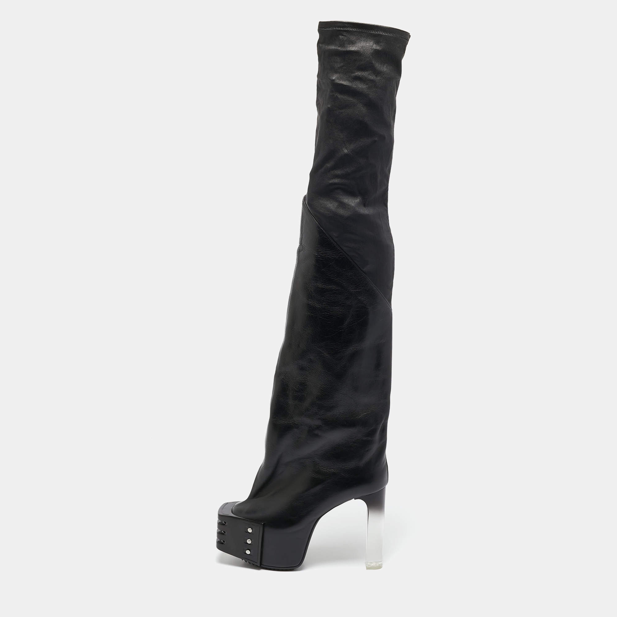Pre Owned Rick Owens Black Leather Rhino Grilled Kiss Boots Size 38