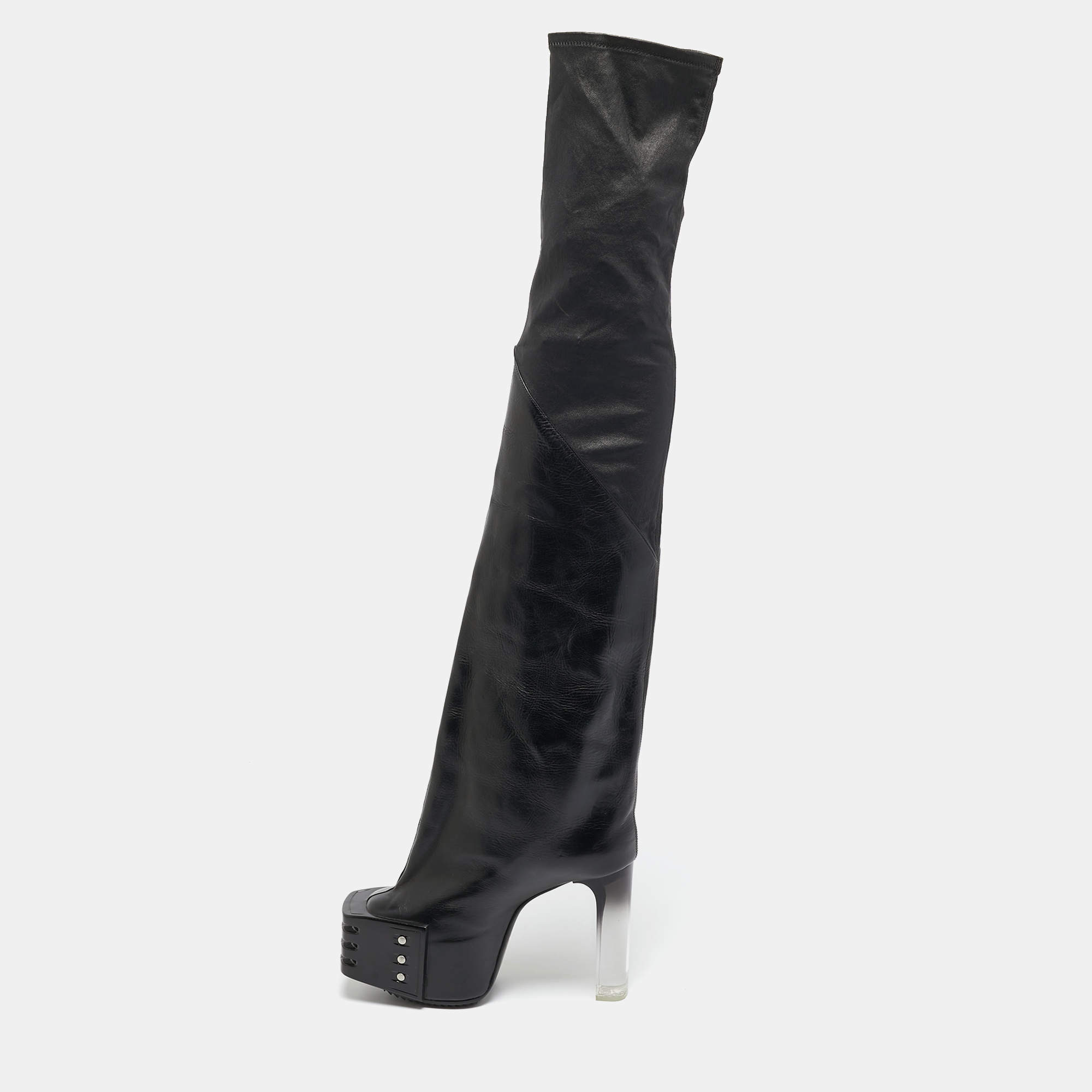 Pre Owned Rick Owens Black Leather Rhino Grilled Kiss Boots Size 37