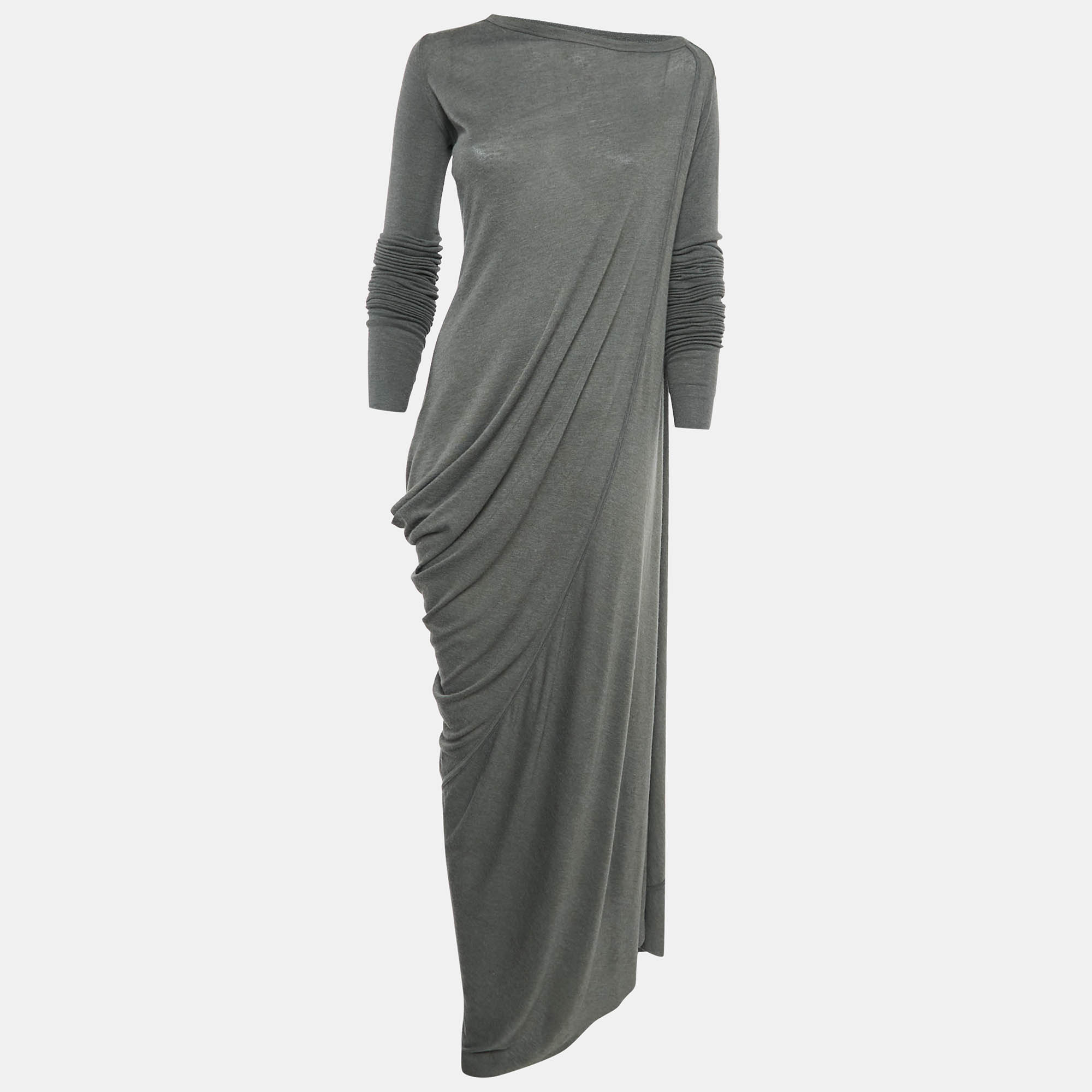 Pre Owned Rick Owens Dark Dust Grey Jersey Full Sleeve Maxi Dress M