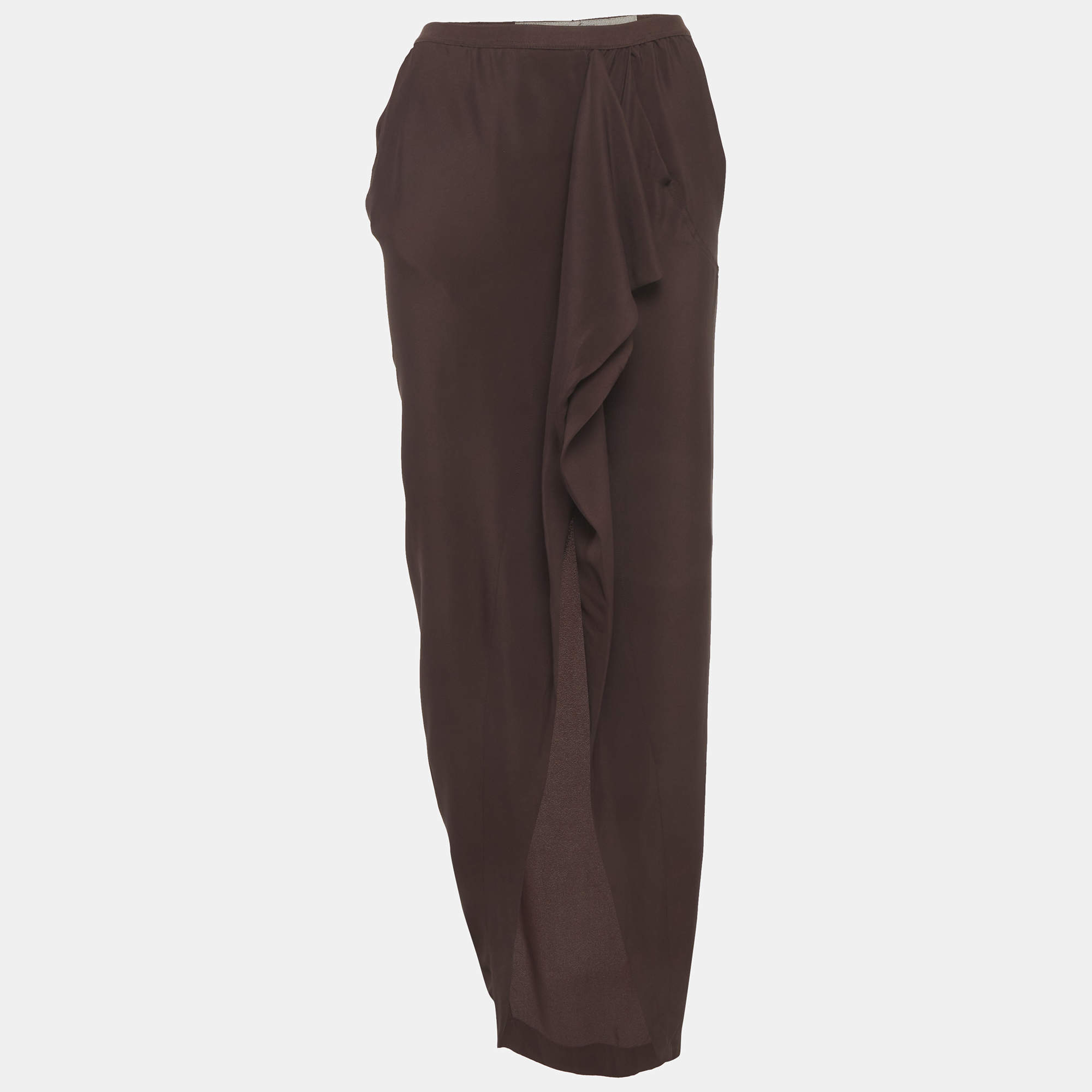 Pre Owned Rick Owens Brown Crepe Ruffled Midi Skirt M