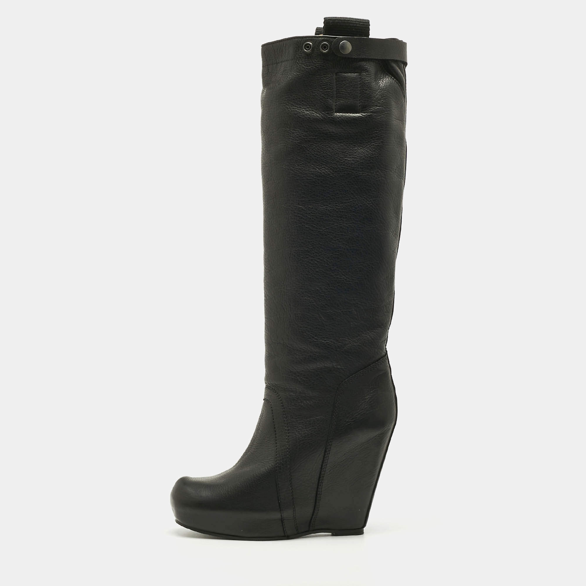 مملوكة مسبقًا Rick Owens Black Leather Platform Knee Length Boots Size 40