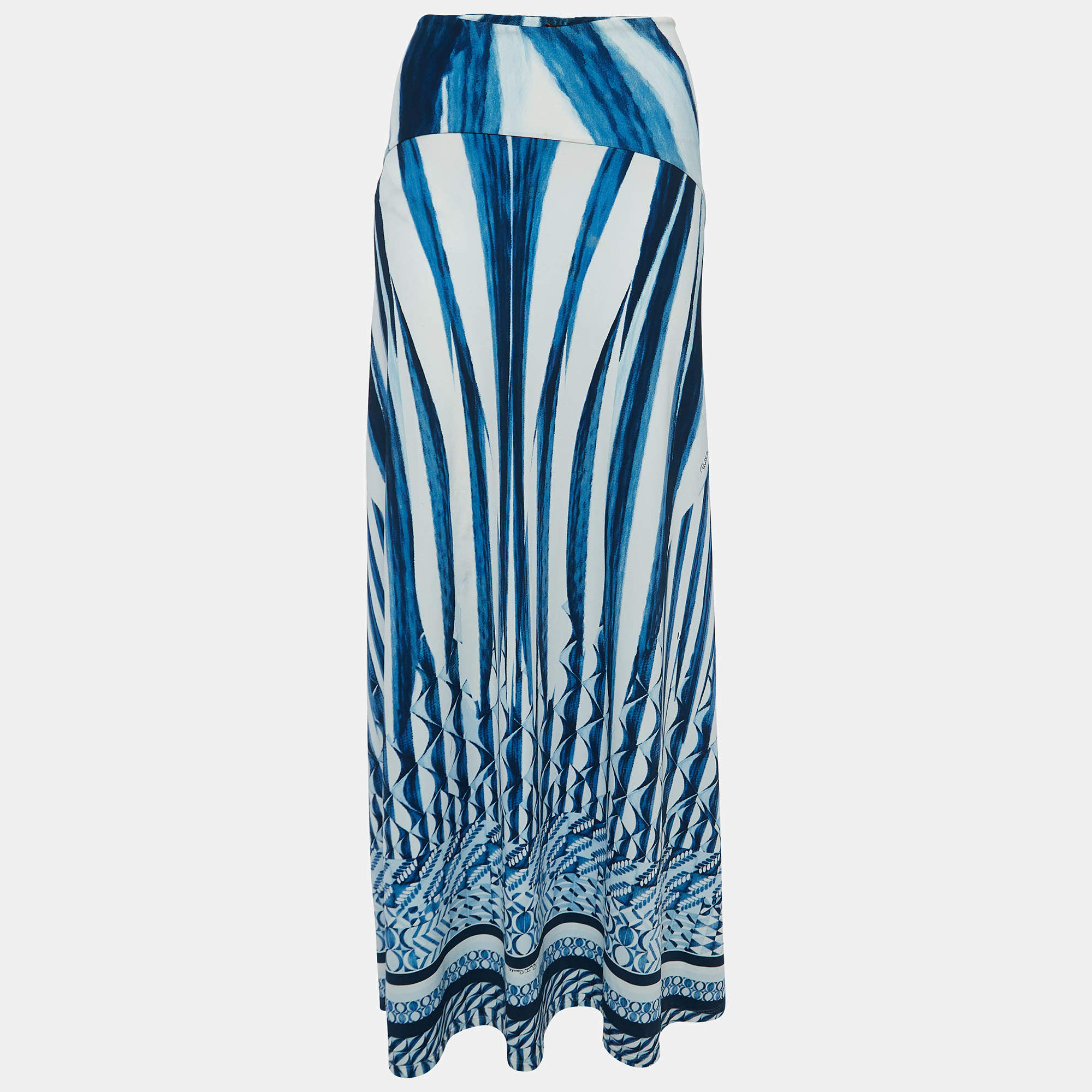 Pre Owned Roberto Cavalli Blue Abstract Stripe Printed Jersey Maxi Skirt L
