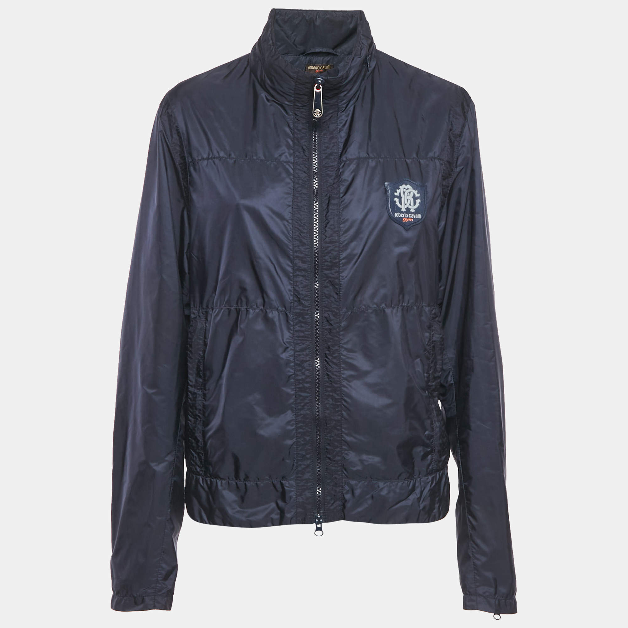 Pre Owned Roberto Cavalli Gym Blue Nylon Logo Applique Jacket M