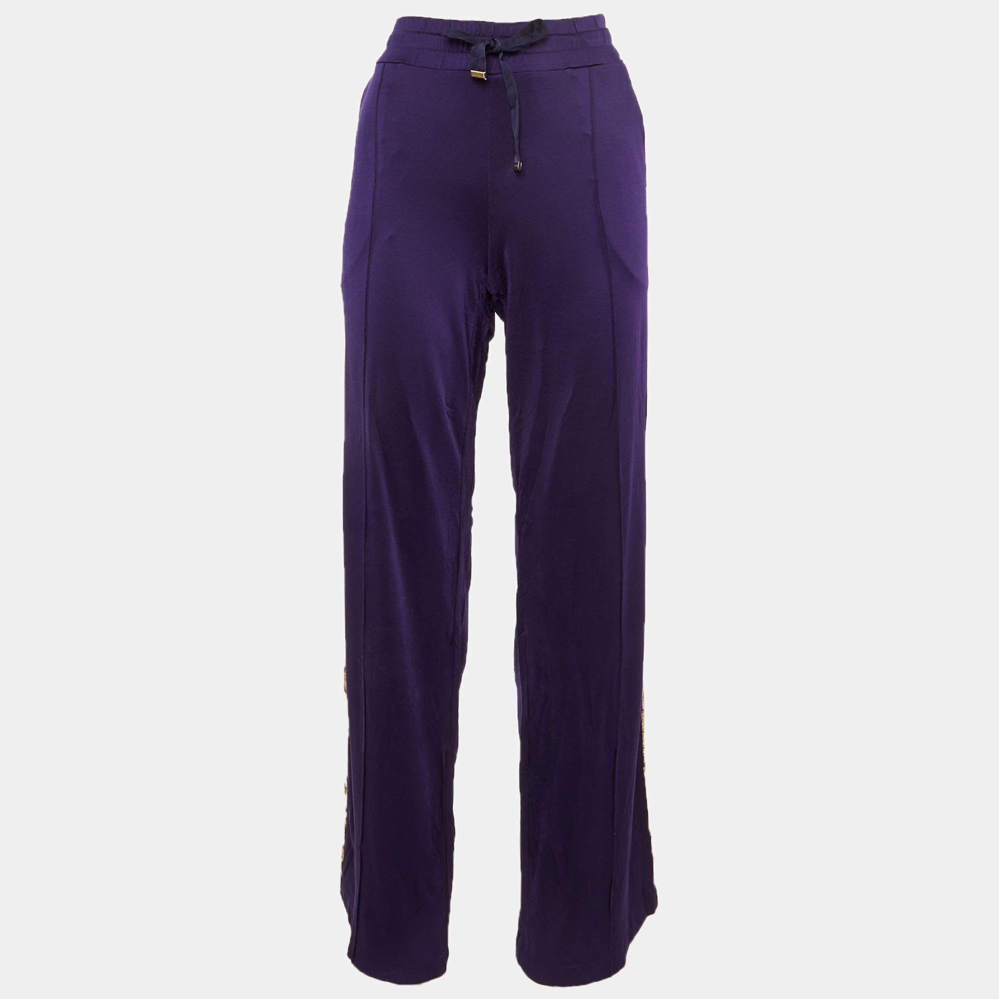 Pre Owned Roberto Cavalli Gym Purple Crepe Side Sequin Trim Trousers L