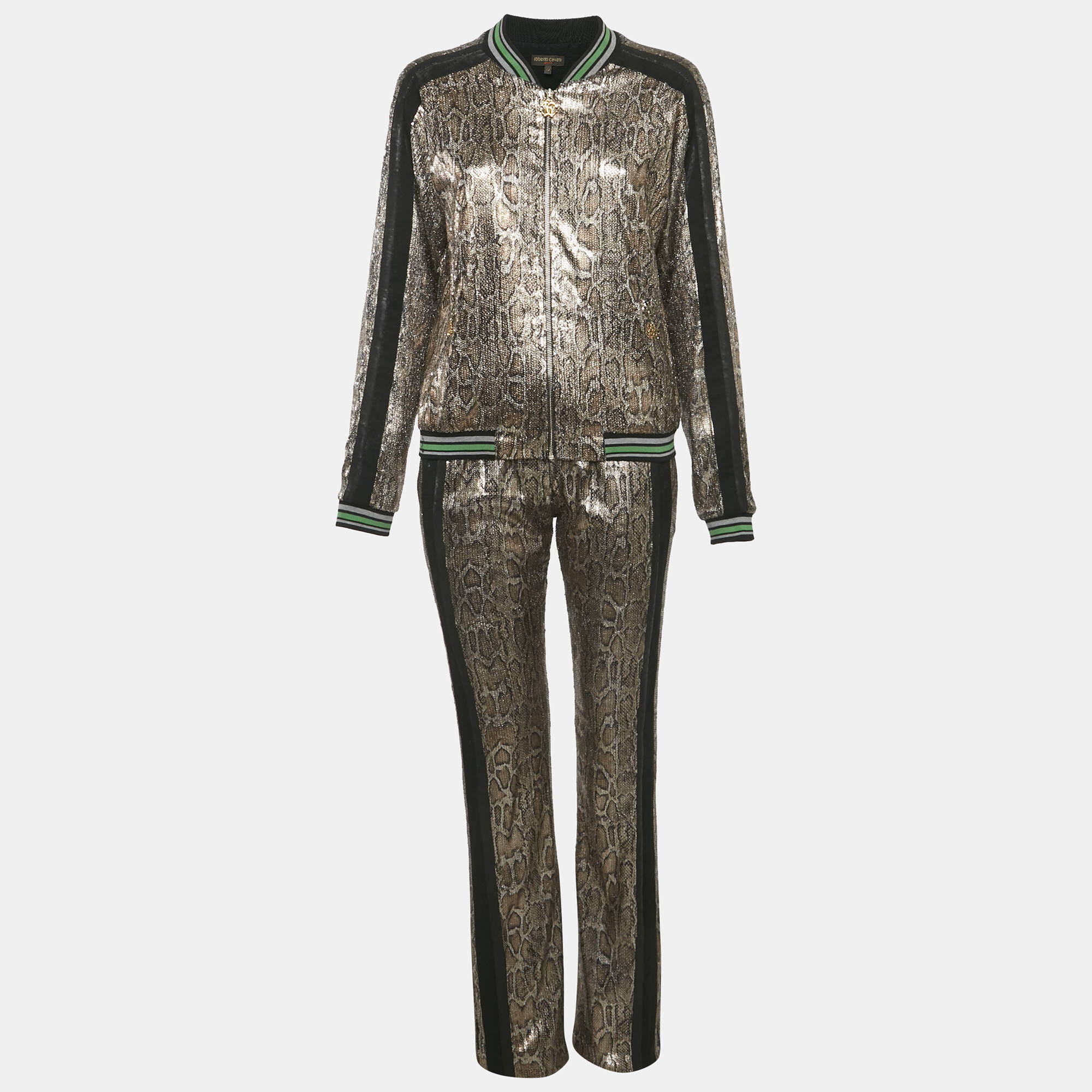مملوكة مسبقًا Roberto Cavalli Gym Metallic Gold Snakeskin Patterned Polyester Sequin Sweatshirt & Jogger Set M