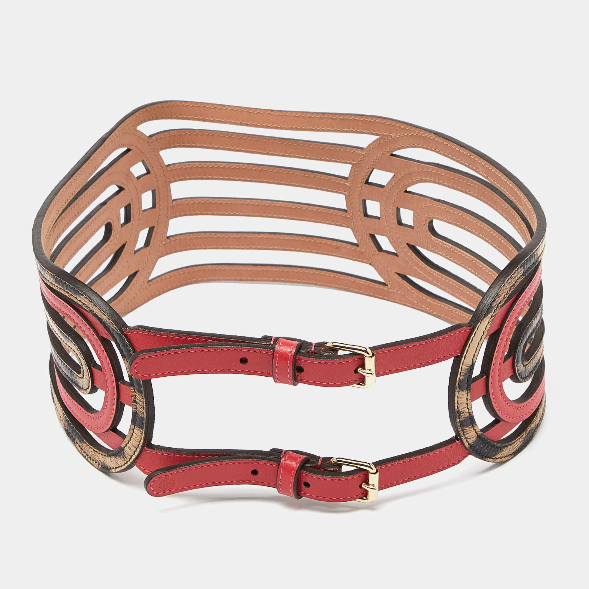 Pre Owned Roberto Cavalli Pink/Beige Leopard Print Leather Strappy Wide Belt 75CM
