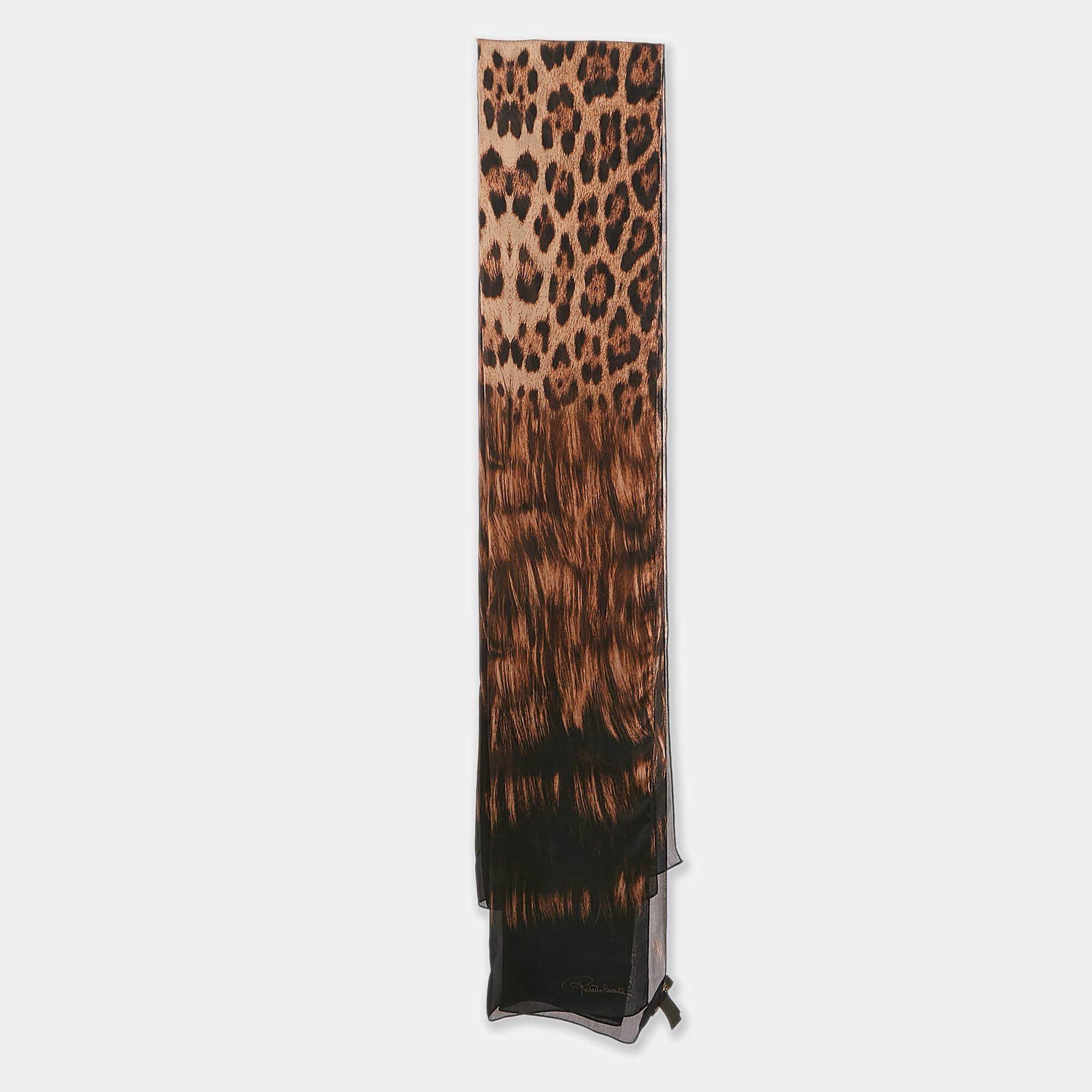 Roberto Cavalli Black/Brown Leopard Print Silk Scarf 