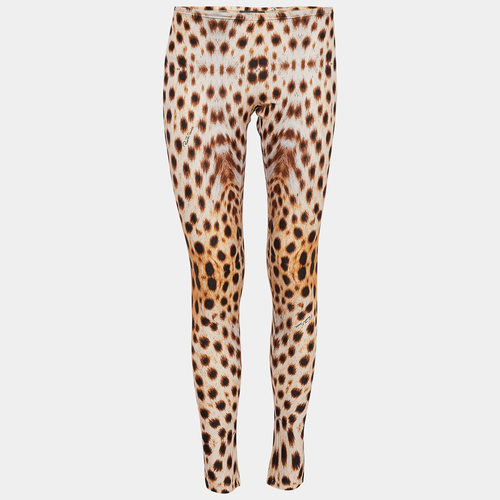 Pre Owned Roberto Cavalli Brown Cheetah Print Jersey Leggings M