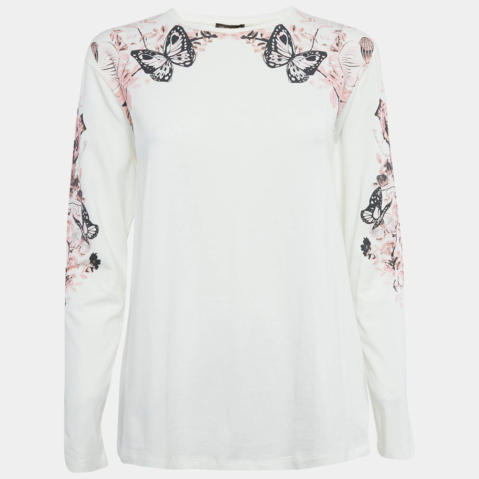 Pre Owned Roberto Cavalli White Printed Cotton T-Shirt XS