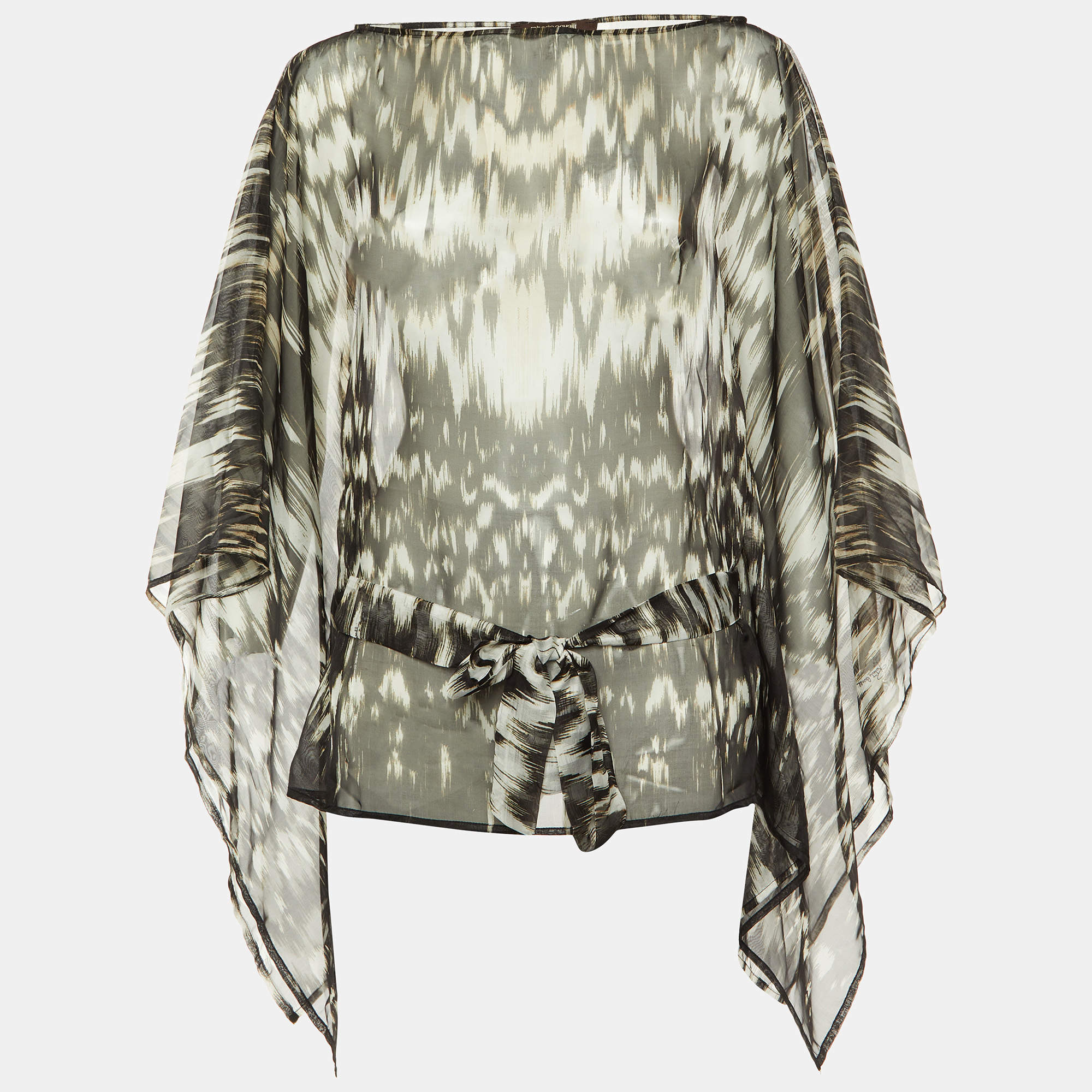 Roberto Cavalli Black Printed Chiffon Belted Sheer Kaftan Top S