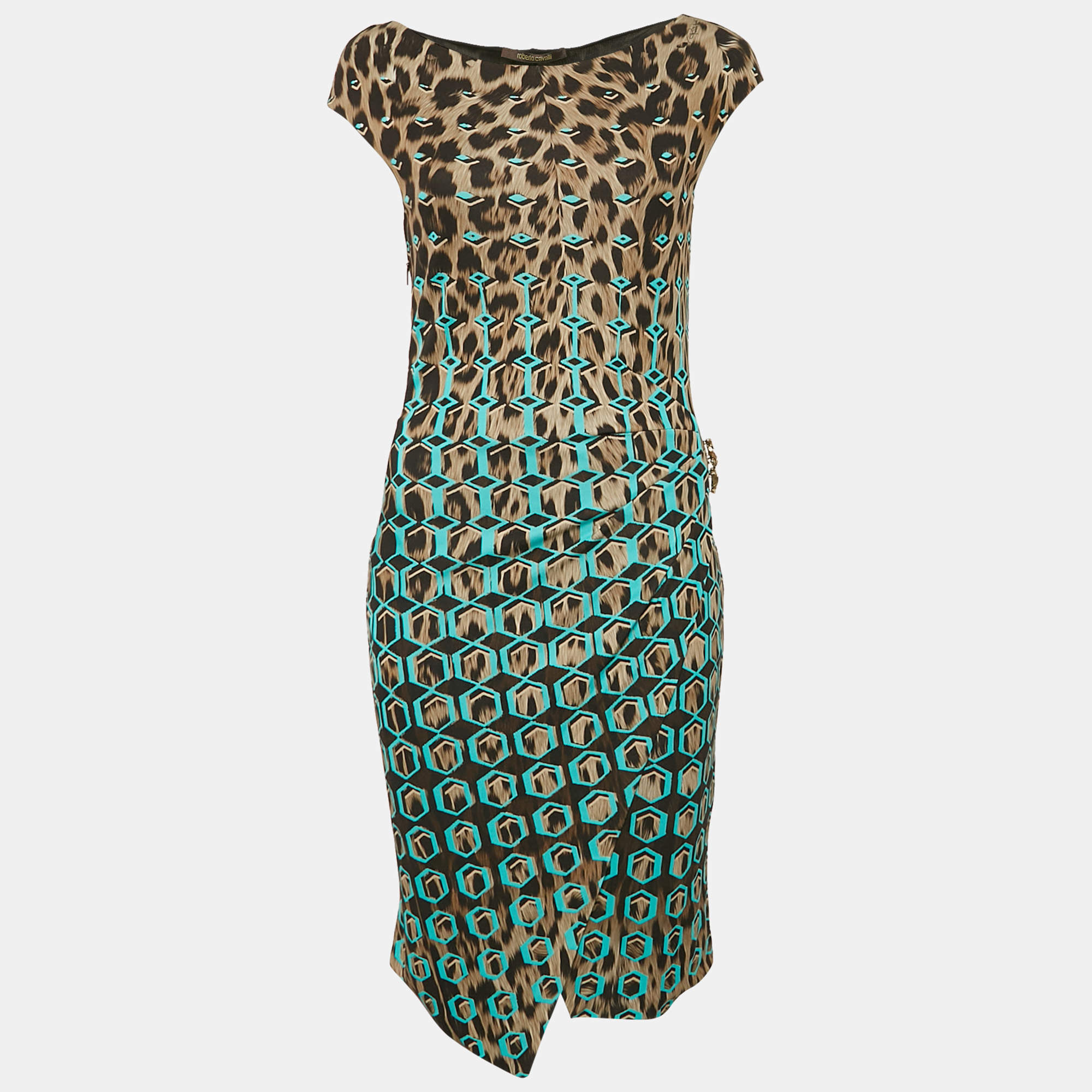 Pre Owned Roberto Cavalli Brown Printed Jersey Short Dress S