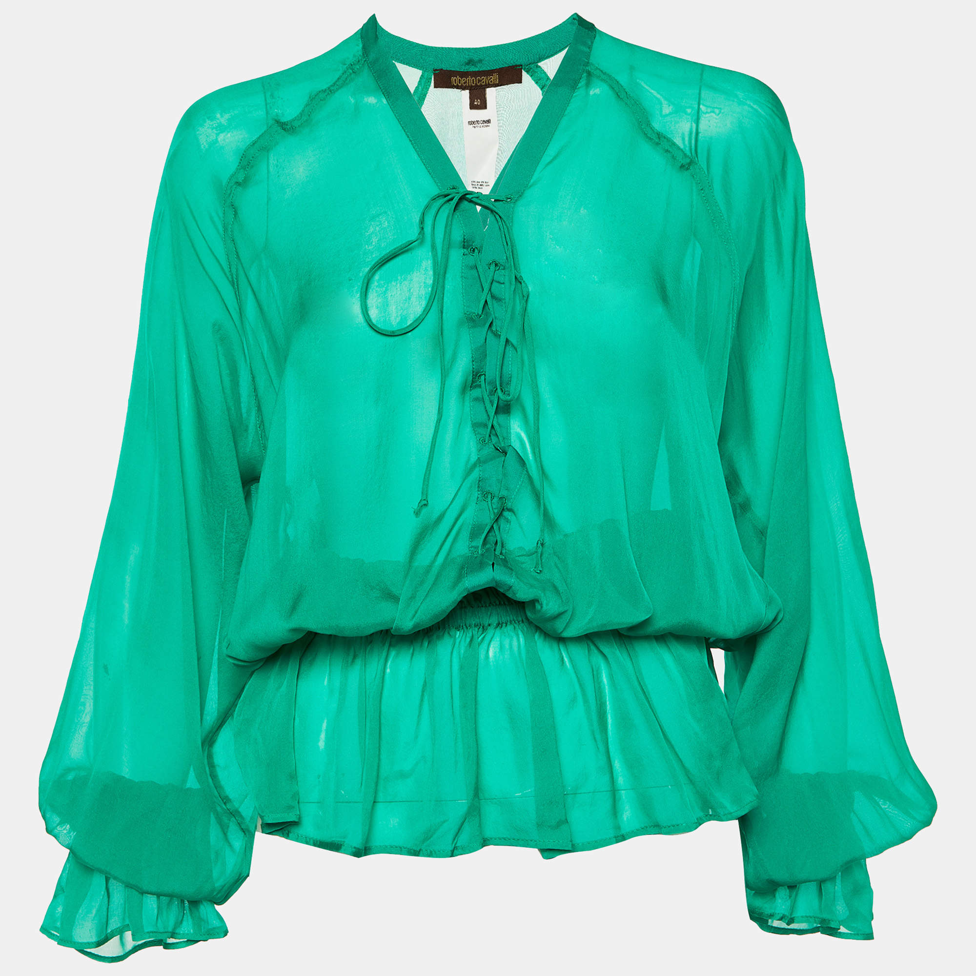 Pre Owned Roberto Cavalli Green Silk Sheer Lace Up Blouse S