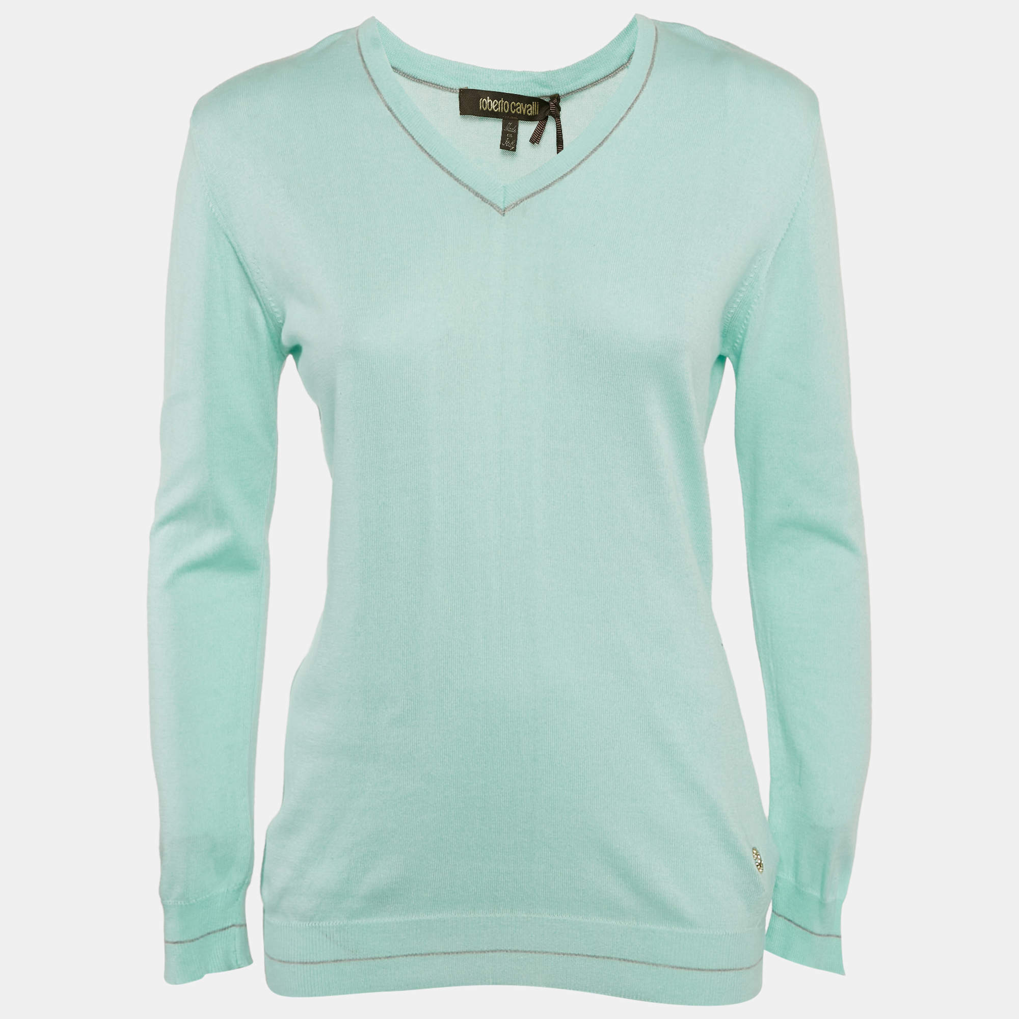 Pre Owned Roberto Cavalli Blue Cotton V-Neck Long Sleeve Sweater XXL
