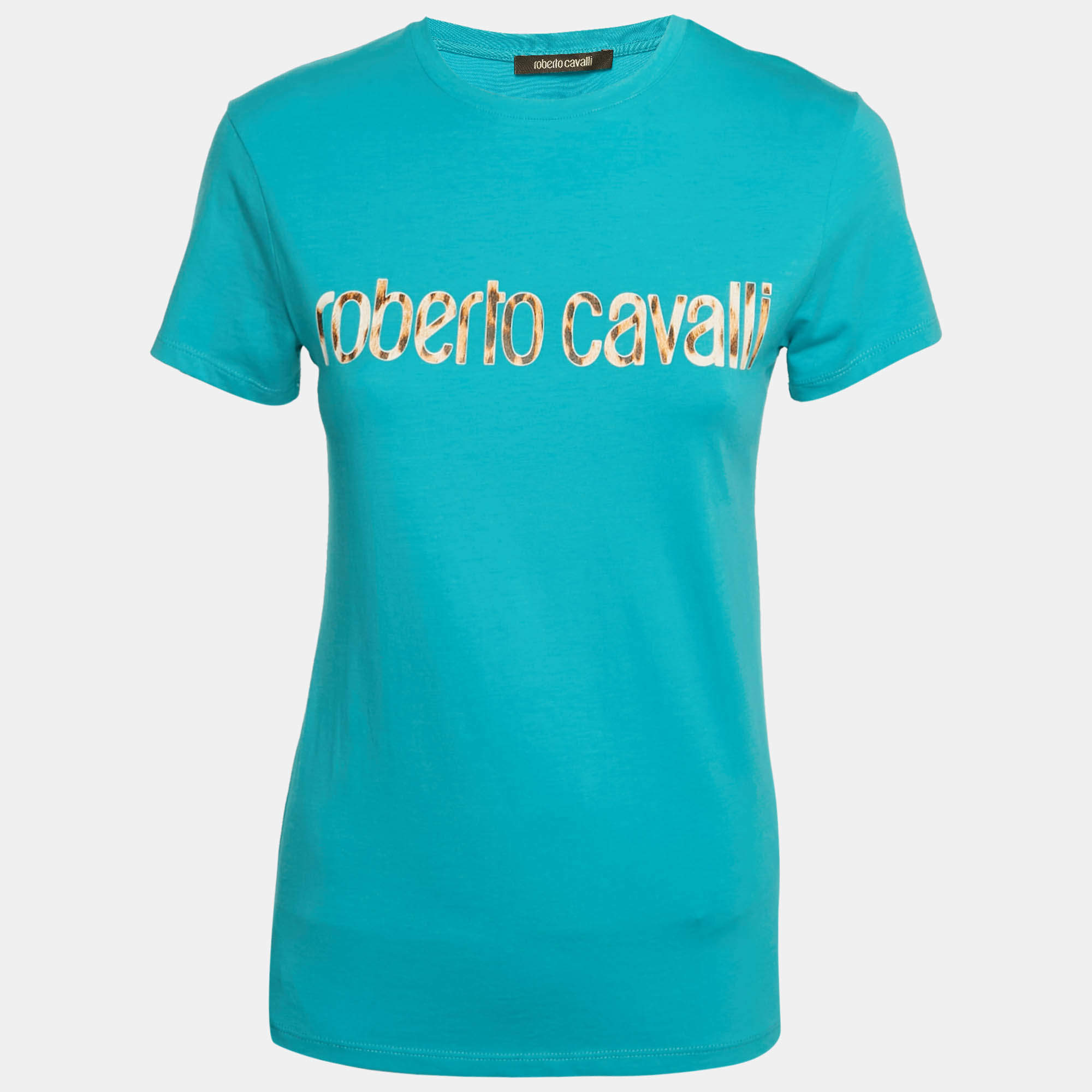 Pre Owned Roberto Cavalli Blue Logo Print Jersey T-Shirt M