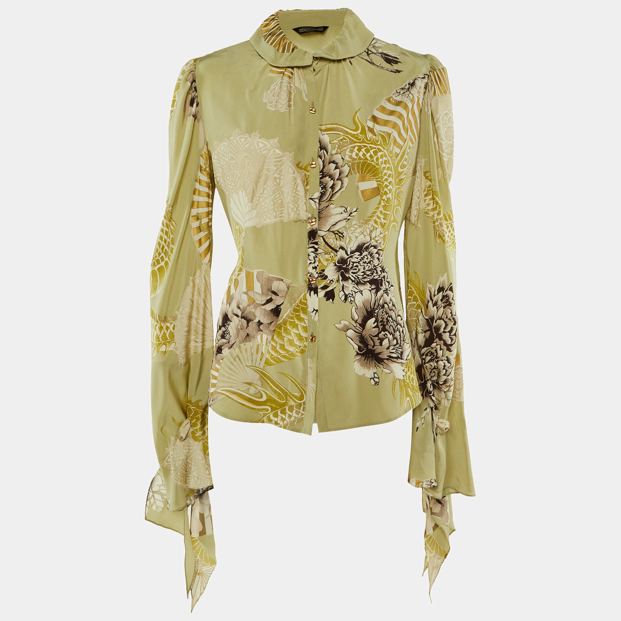 Pre Owned Roberto Cavalli Green Silk Button Front Shirt L
