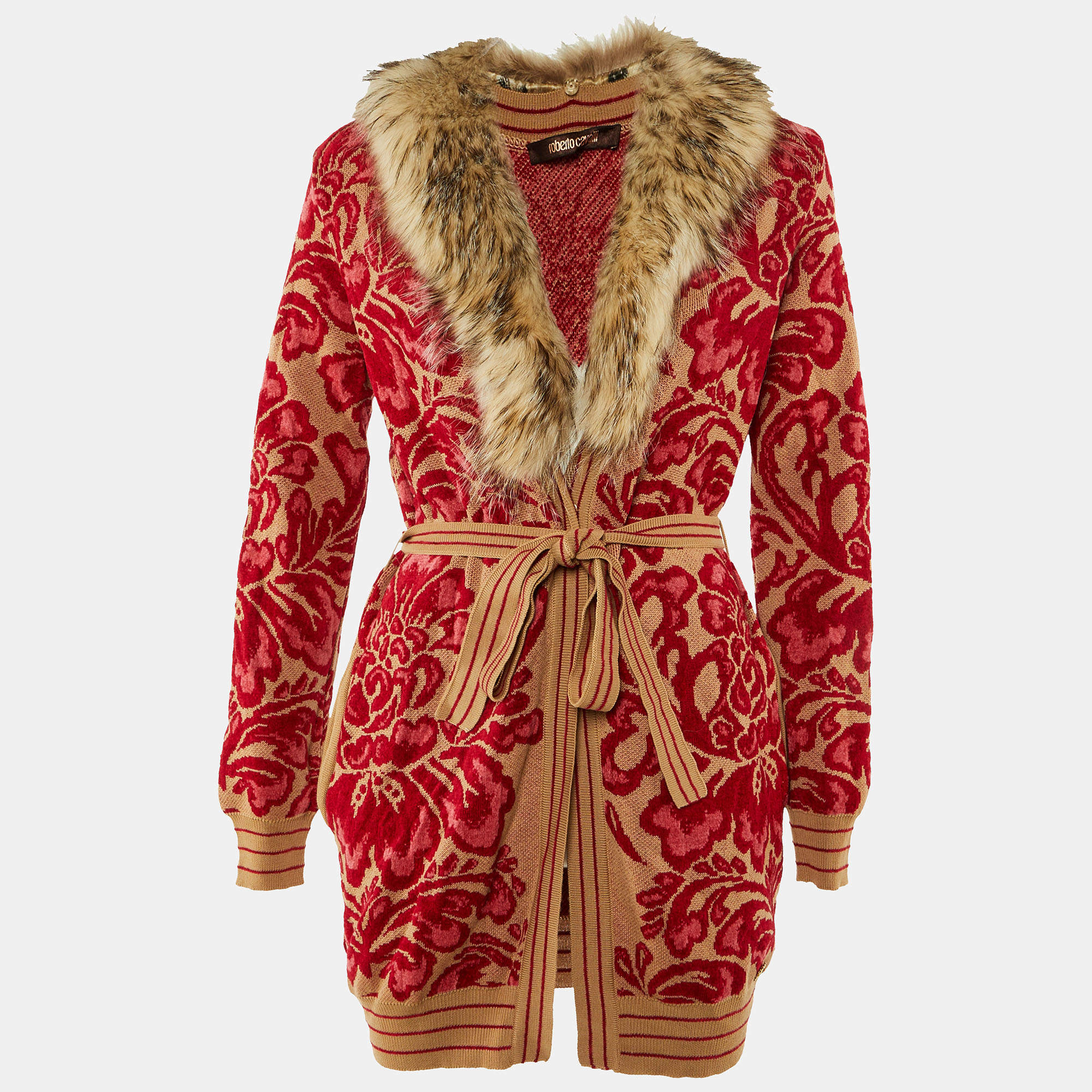 Pre Owned Roberto Cavalli Beige/Red Floral Jacquard Knit Detachable Fur Collar Cardigan M