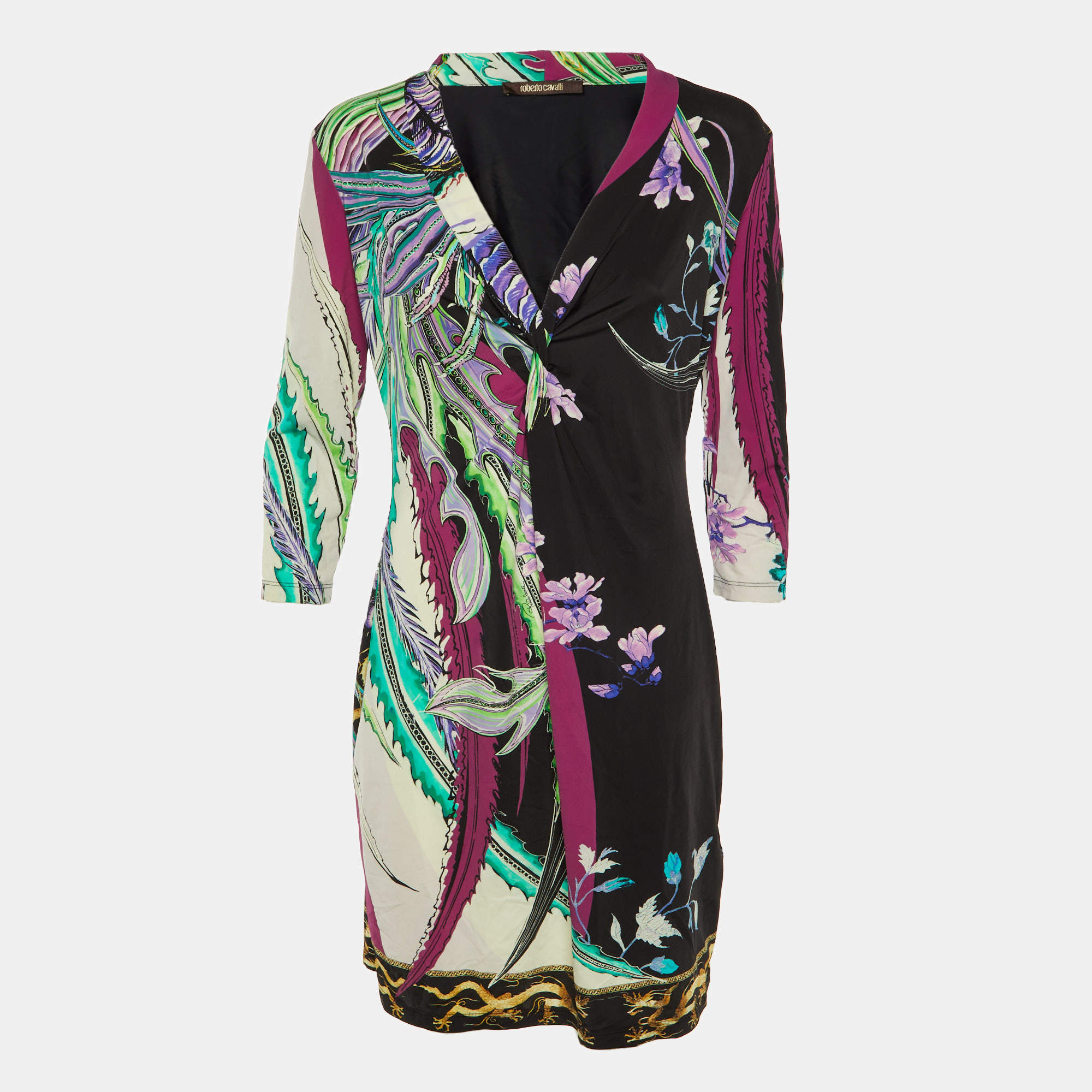 Pre Owned Roberto Cavalli Purple Abstract Floral Print Jersey Knotted Mini Dress L