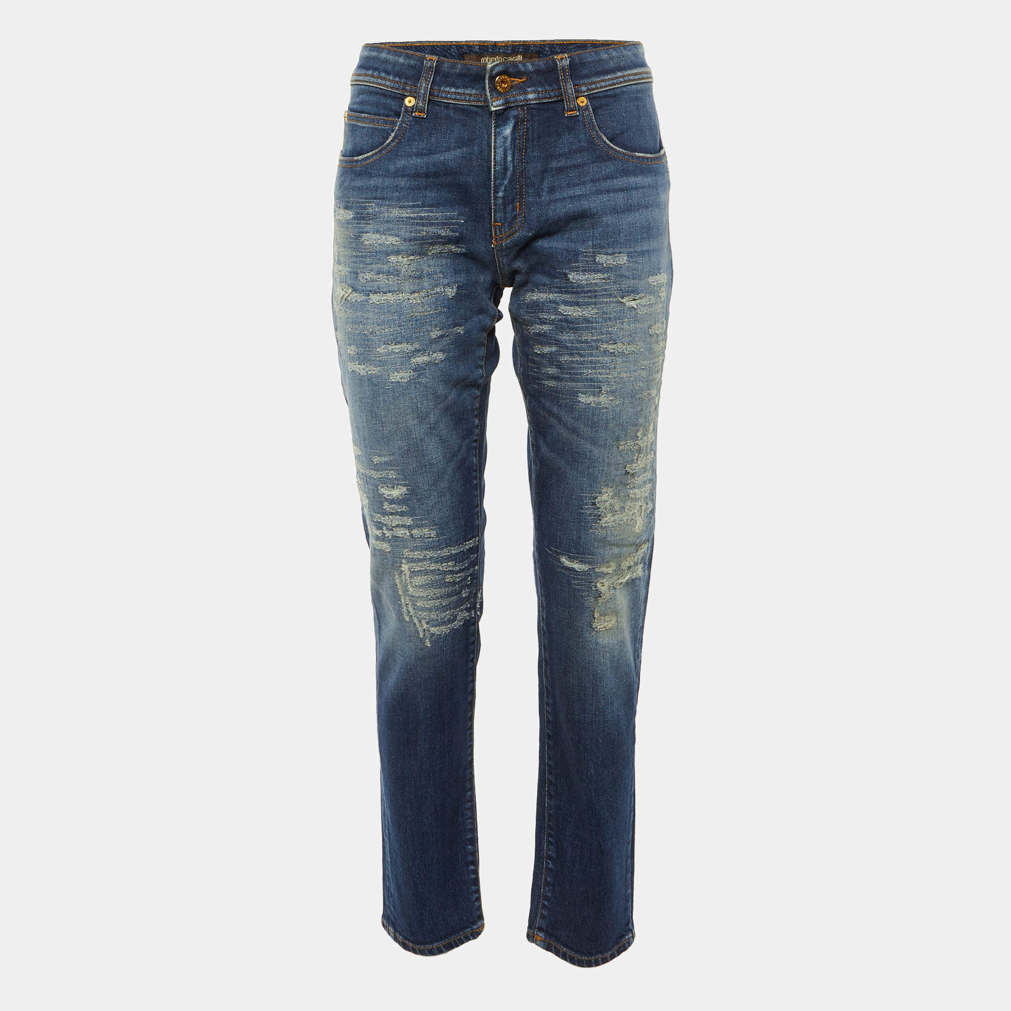 Pre Owned Roberto Cavalli Blue Denim Distressed Skinny Jeans M/Waist 32"