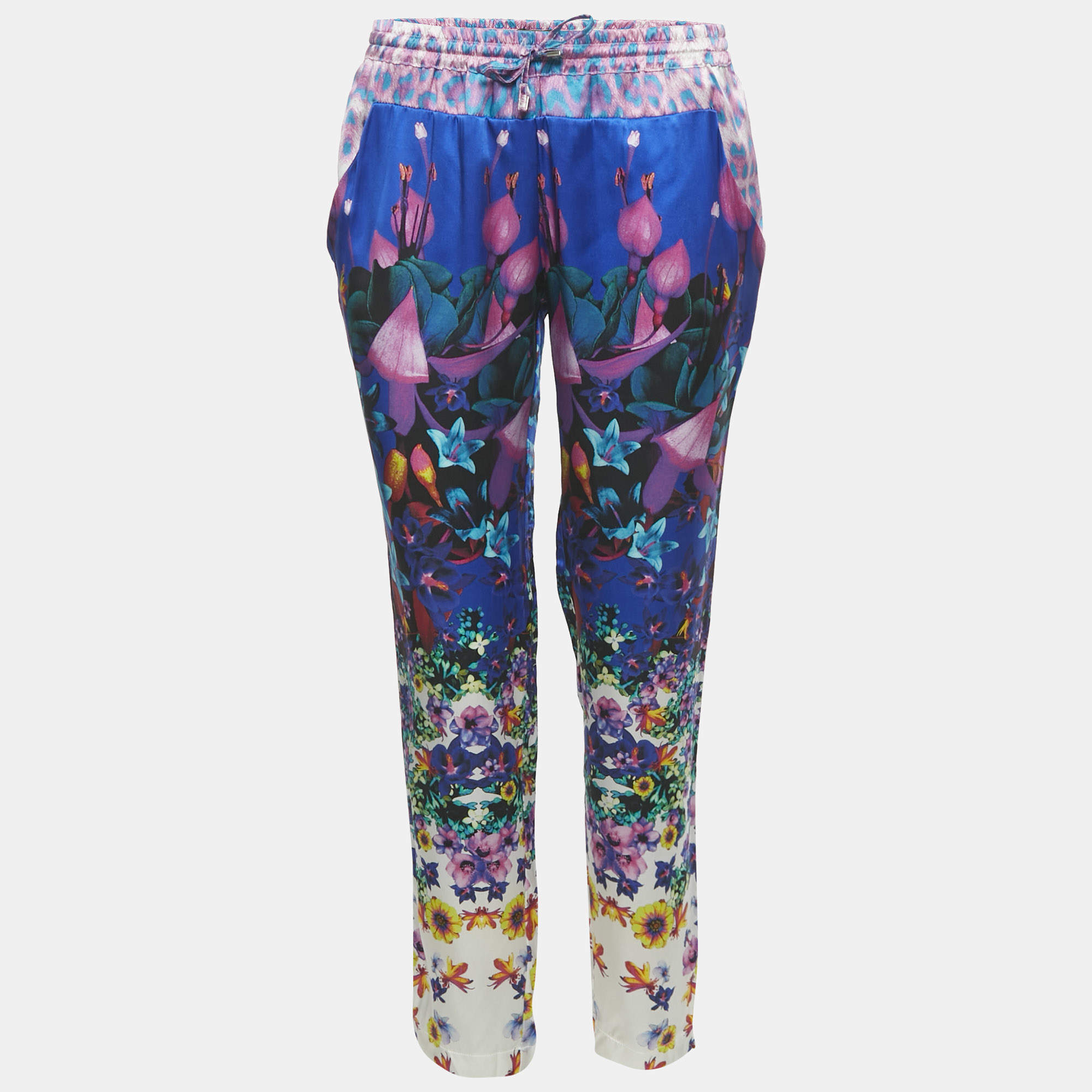 Pre Owned Roberto Cavalli Blue Floral Print Stain Trousers L