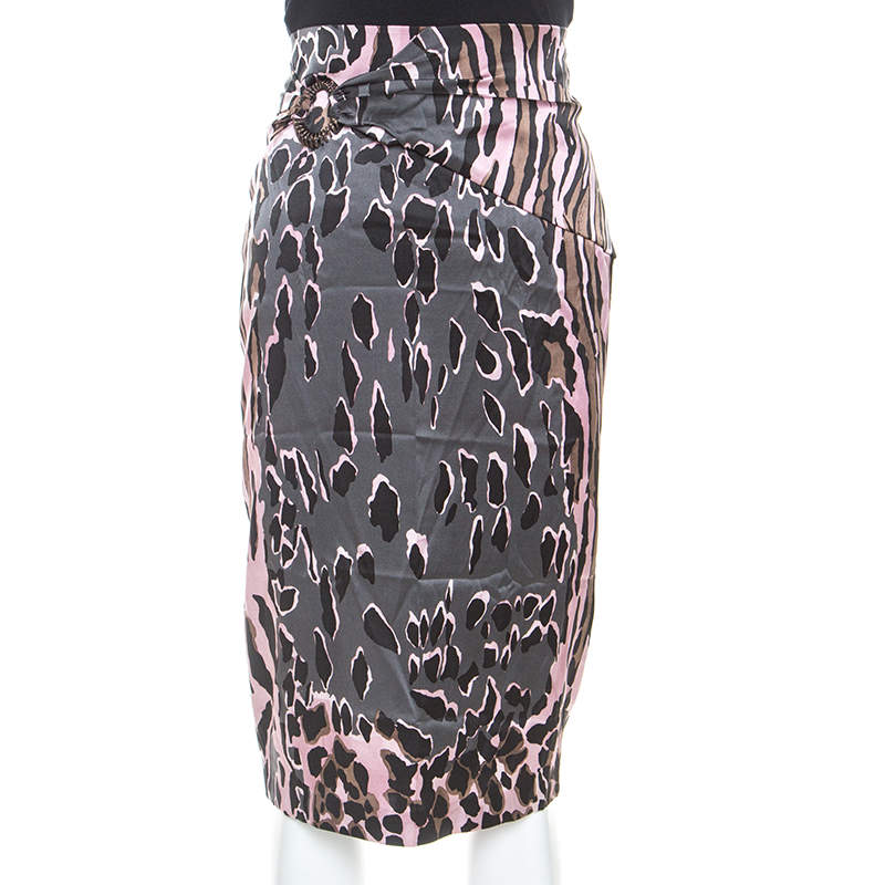 Roberto Cavalli Pink and Grey Animal Print Silk Midi Skirt M