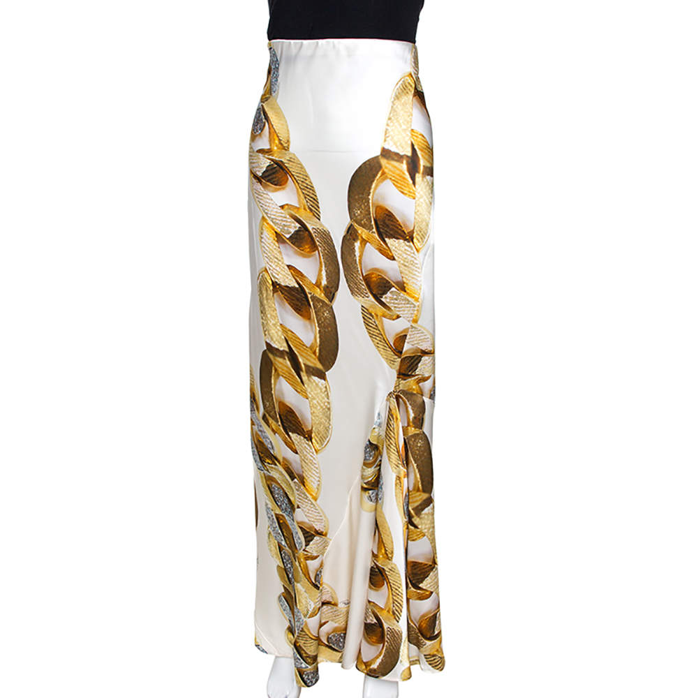 Roberto Cavalli Cream Gold Chain Print Silk Satin Maxi Skirt L