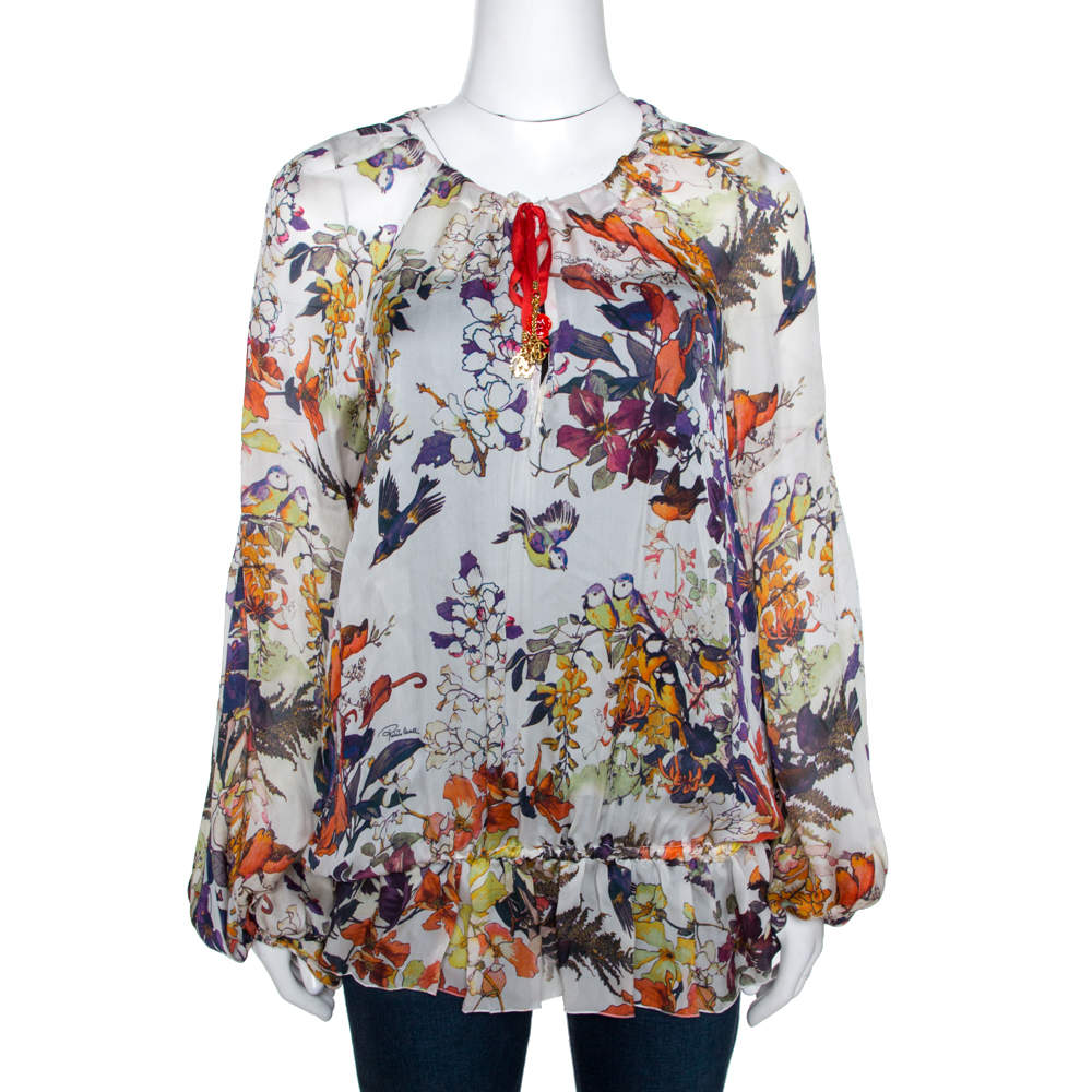 Pre Owned توب قفطان روبرتو حرير شفاف طباعة طيور متعدد الألوان مقاس كبير (لارج)