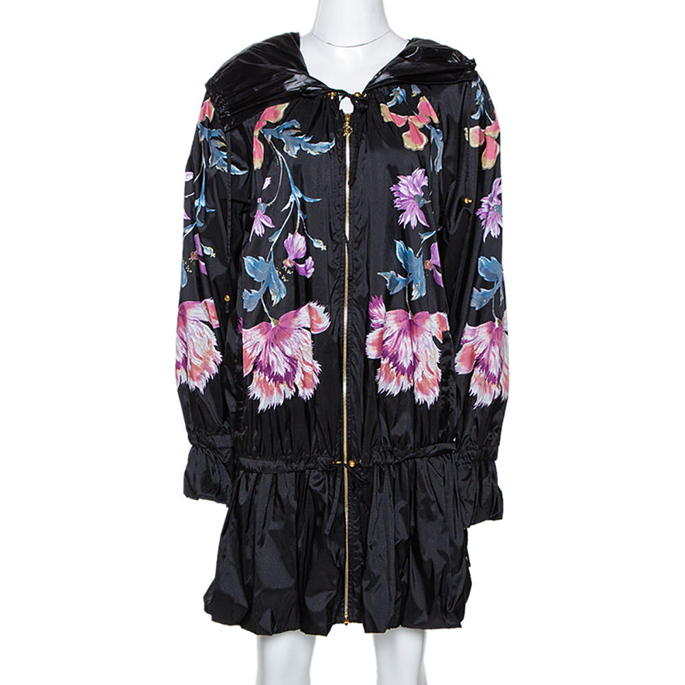 Pre Owned Roberto Cavalli Black Synthetic Floral Printed Hooded Dress M