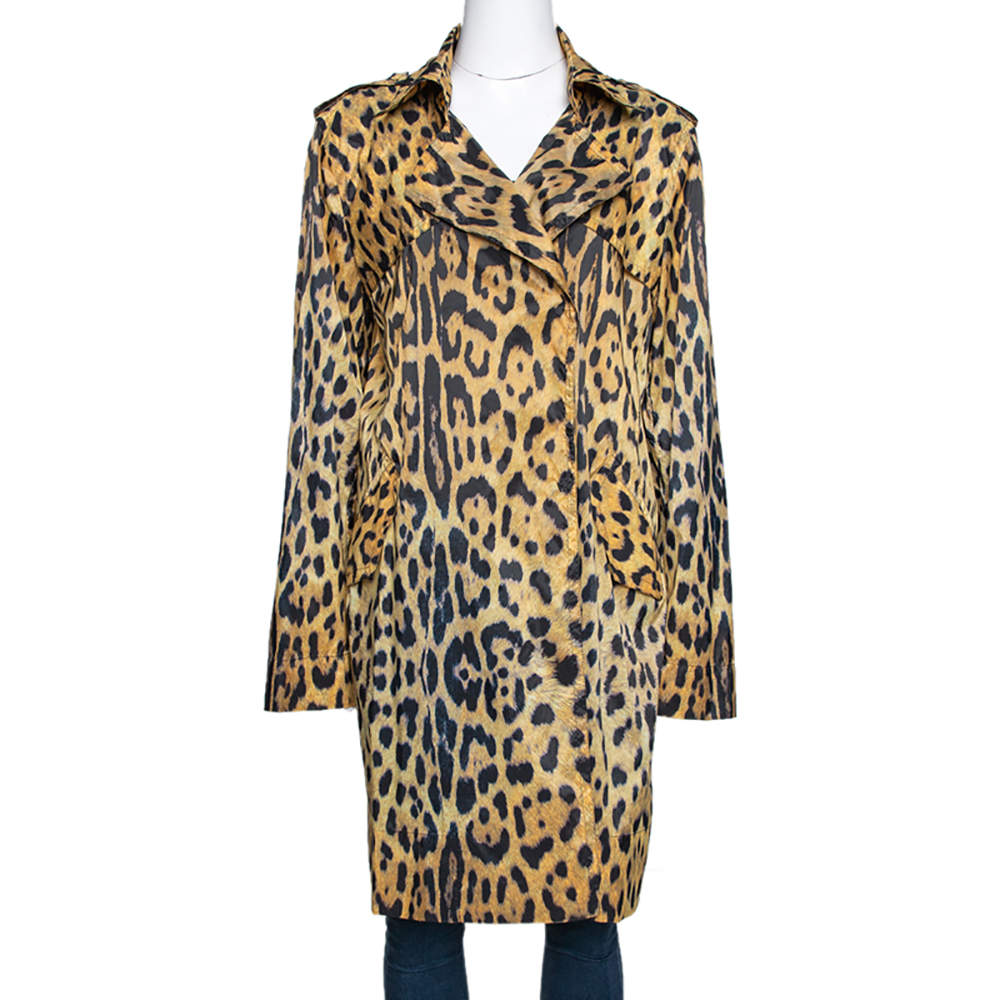 Pre Owned Roberto Cavalli Yellow Animal Print Synthetic Trench Coat L