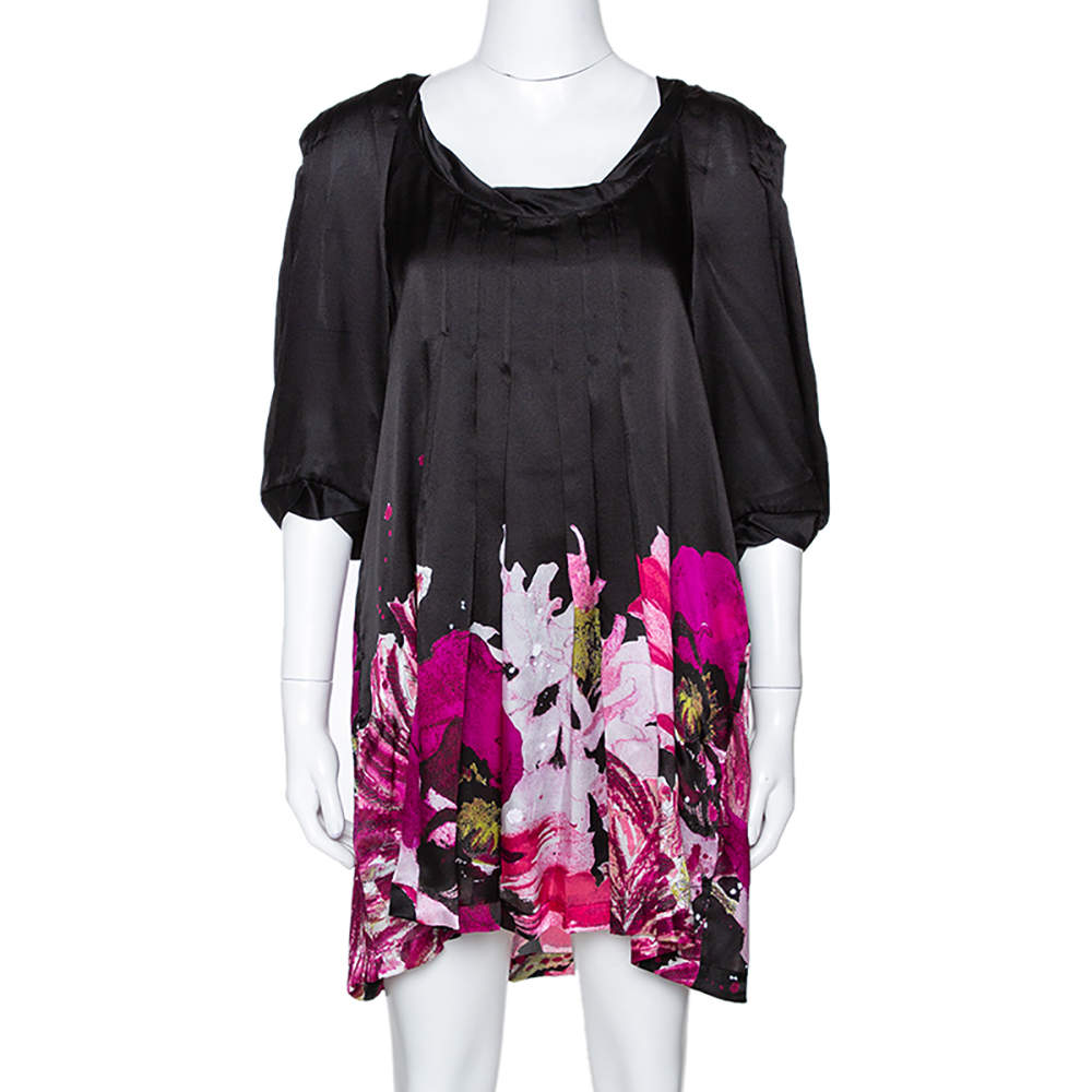 Pre Owned Roberto Cavalli Black & Fuschia Floral Printed Silk Pleated Mini Dress M