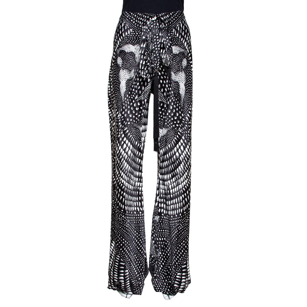 Pre Owned Roberto Cavalli Monochrome Printed Silk Pants M 