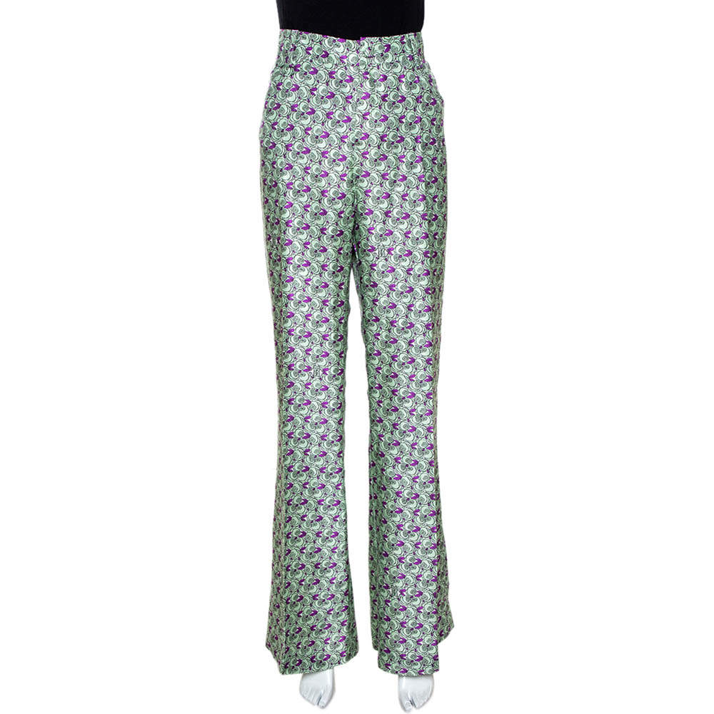 Pre Owned Roberto Cavalli Pastel Green Floral Printed Silk Wide Leg Trousers L 