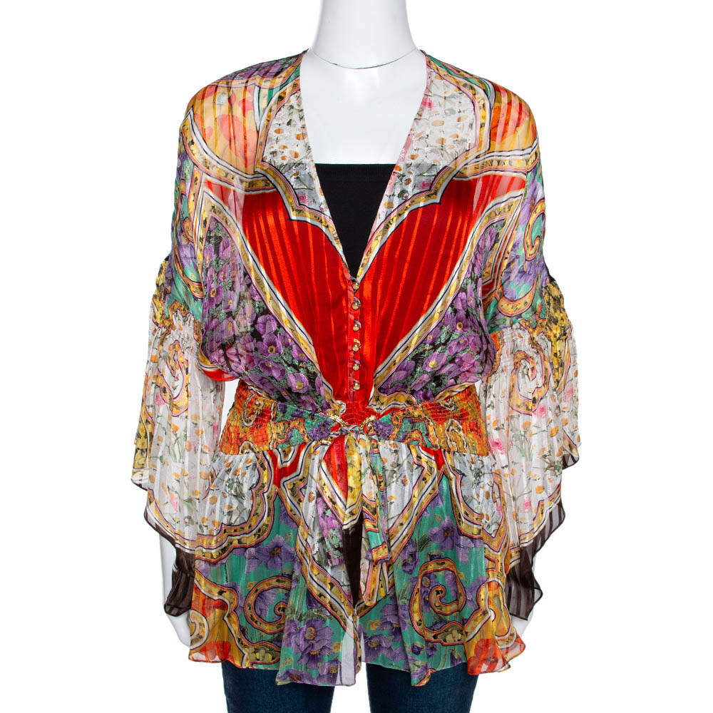 Pre Owned بلوزة روبرتو كافالي حرير مورد مطبوع متعدد الألوان شفافة مقاس كبير (لارج)